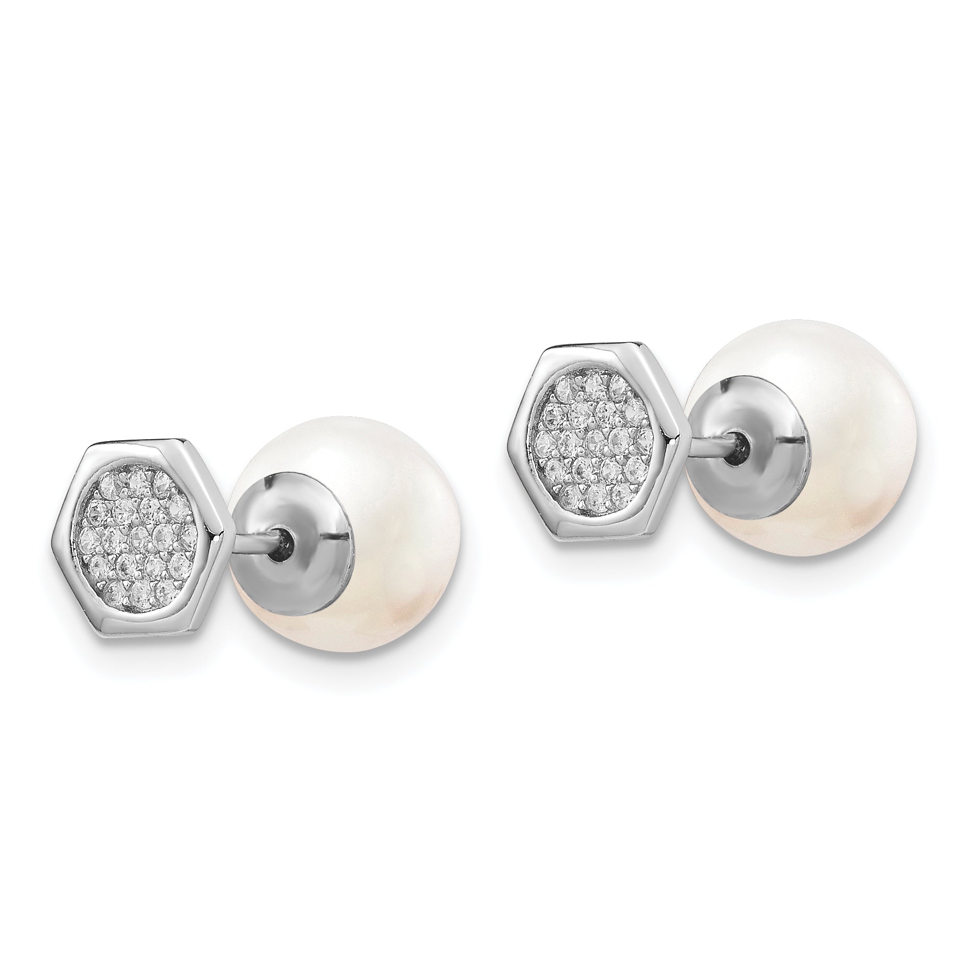 Sterling Silver Rhodium-plated Polished White 8-9mm Imititation Shell Pearl & CZ Hexagon Reversible Post Earrings Secondary image