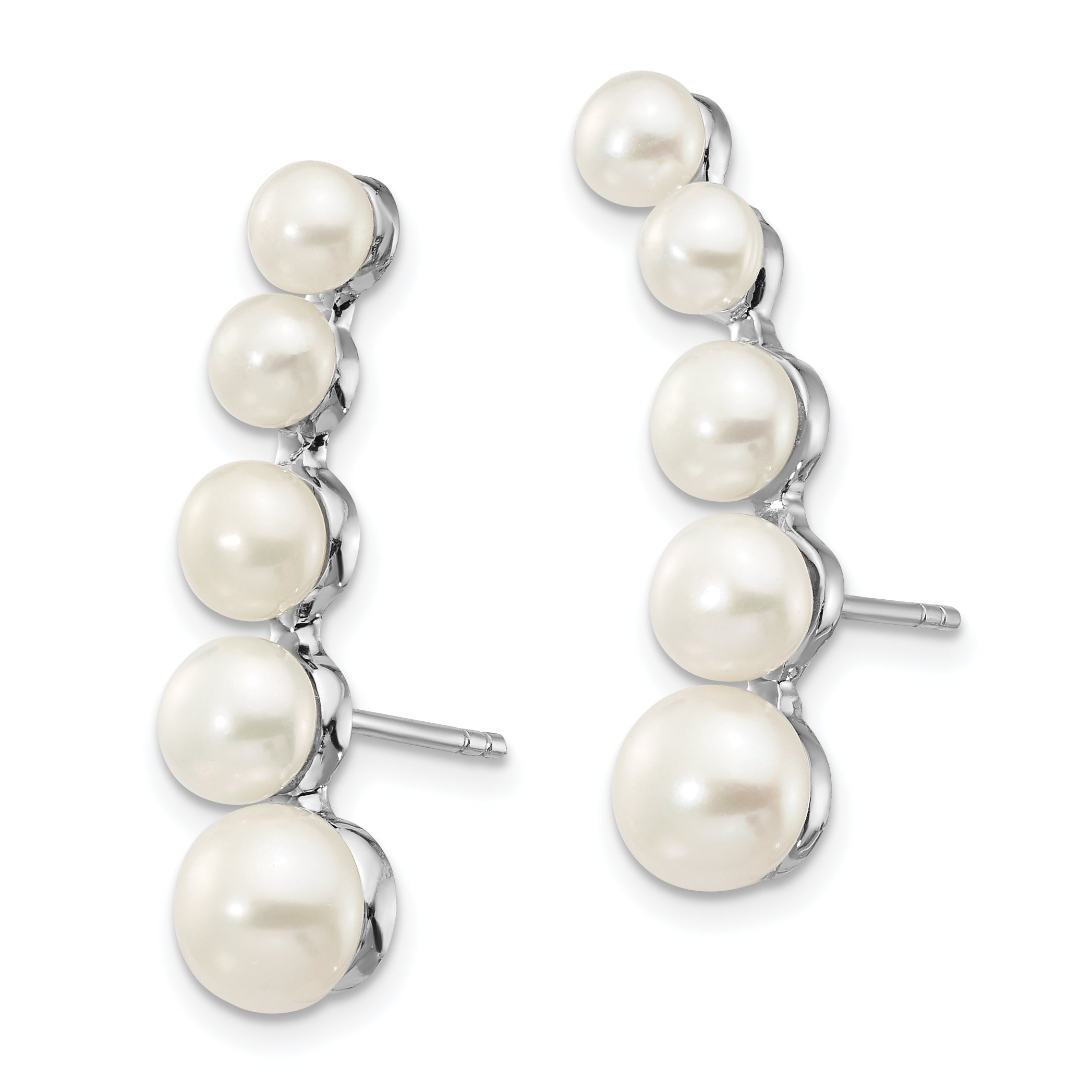 Sterling Silver Rhodium-plated Polished White 4-6mm Button Freshwater Cultured Pearl Post Ear Climber Earrings Secondary image