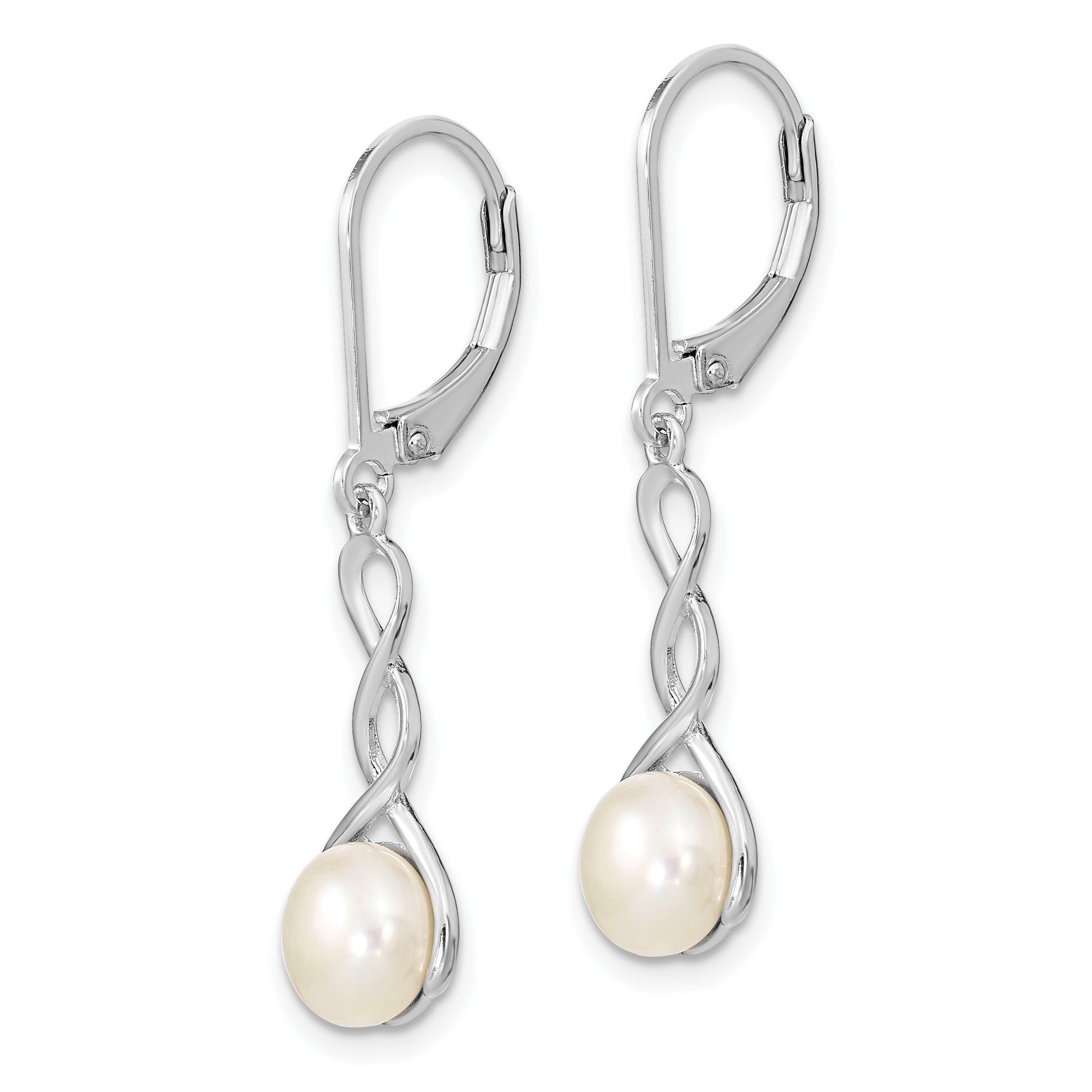 Sterling Silver Rhodium-plated Polished White 7-8mm Button Freshwater Cultured Pearl Twisted Leverback Dangle Earrings Secondary image