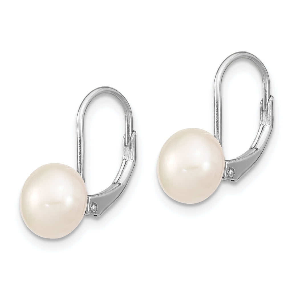 Sterling Silver Rhodium-plated Polished White 8-9mm Button Freshwater Cultured Pearl Leverback Dangle Earrings