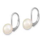 Sterling Silver Rhodium-plated Polished White 8-9mm Button Freshwater Cultured Pearl Leverback Dangle Earrings