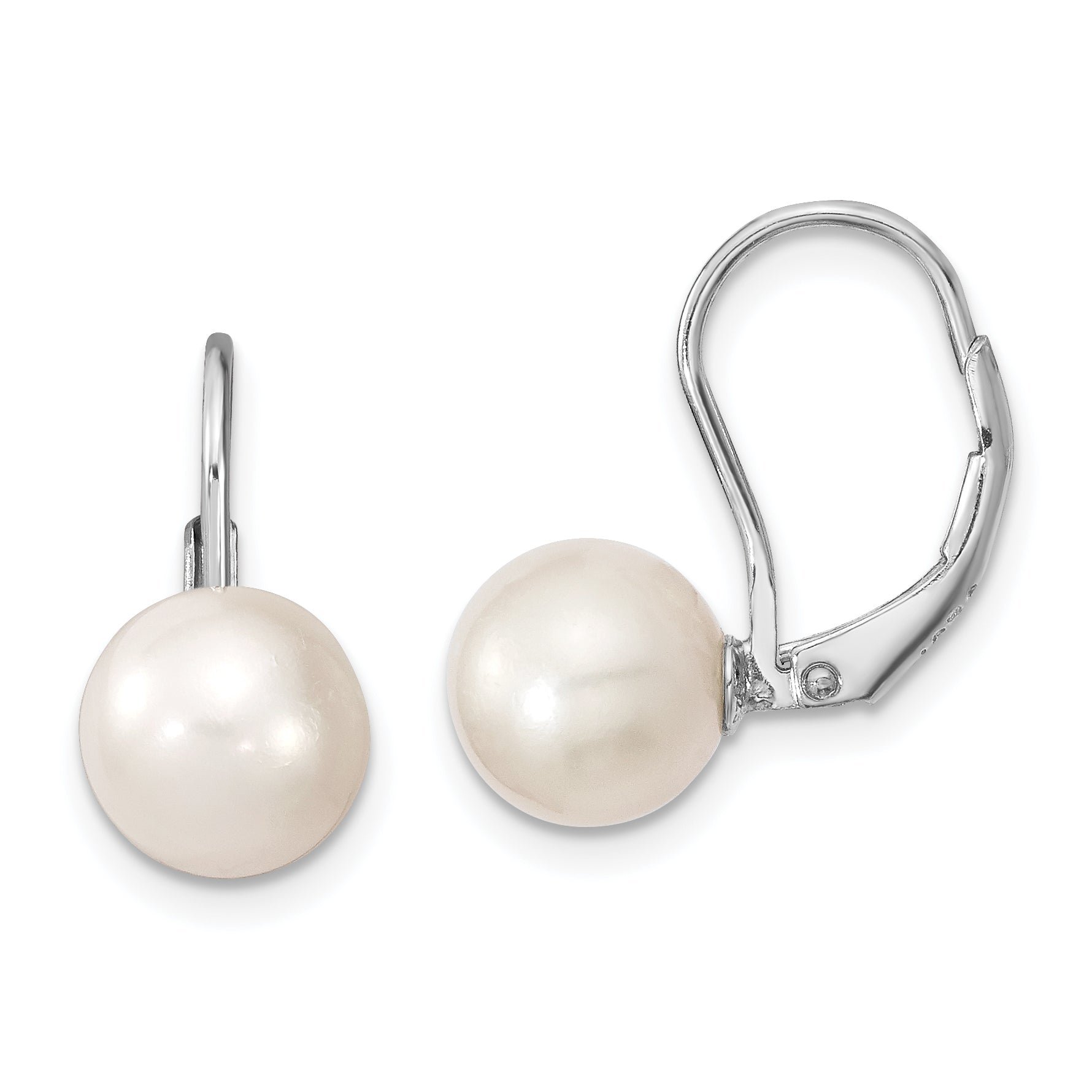 Sterling Silver Rhodium-plated Polished White 8-9mm Round Freshwater Cultured Pearl Leverback Dangle Earrings Main image