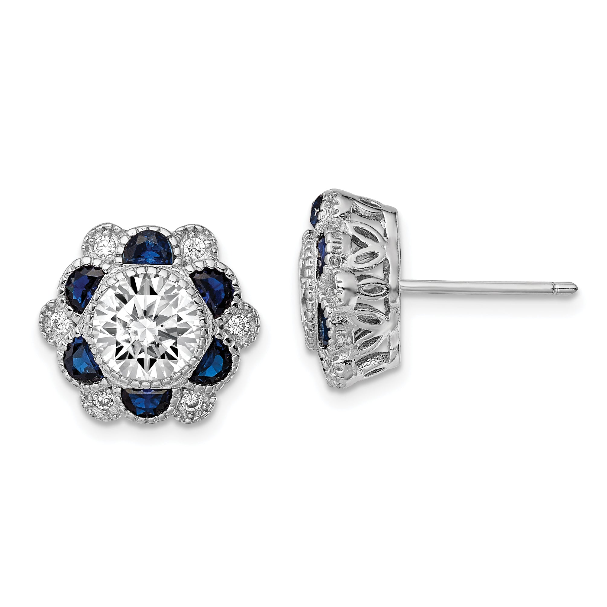 Sterling Silver Rhodium-plated Blue Spinel and CZ Flower Post Earrings Main image