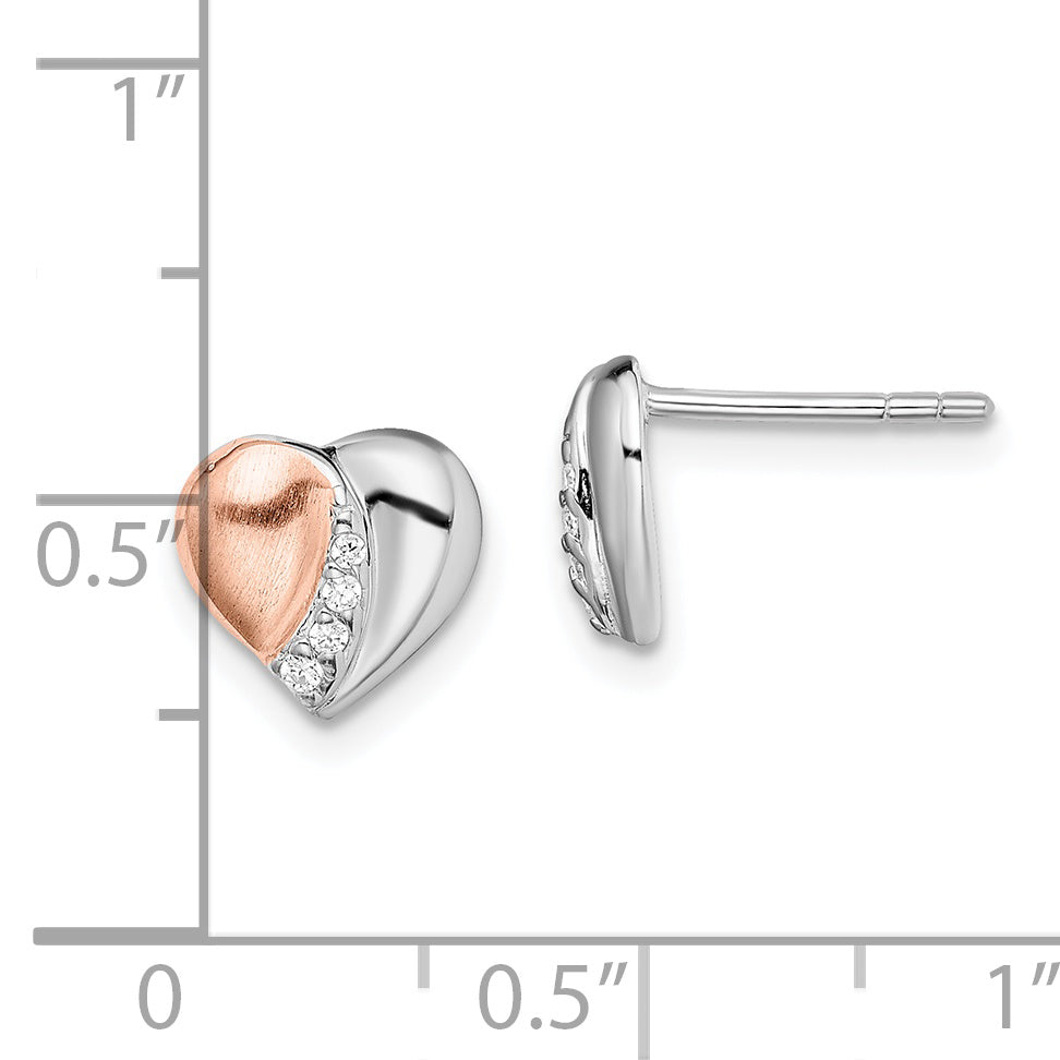Sterling Silver Rhodium/Rose Gold-plated CZ Heart Earrings