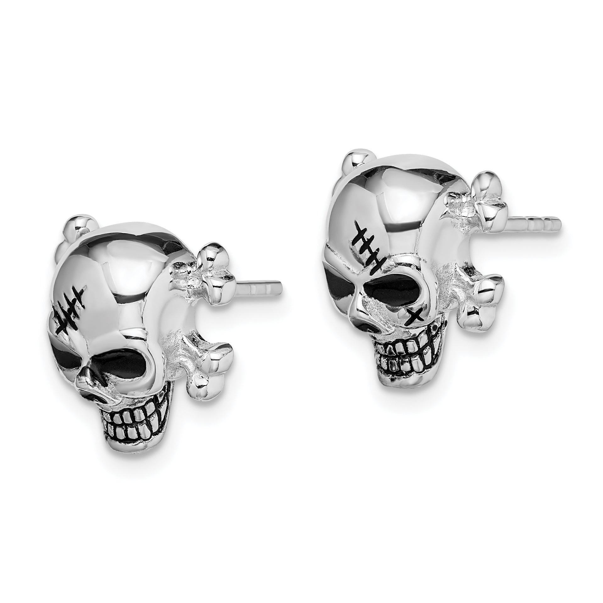 Sterling Silver Rhod-plated Antiqued Enameled Skull Post Earrings Secondary image