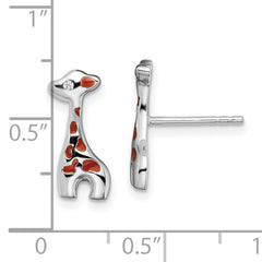 Sterling Silver Rhodium-plated Enameled CZ Giraffe Post Earrings