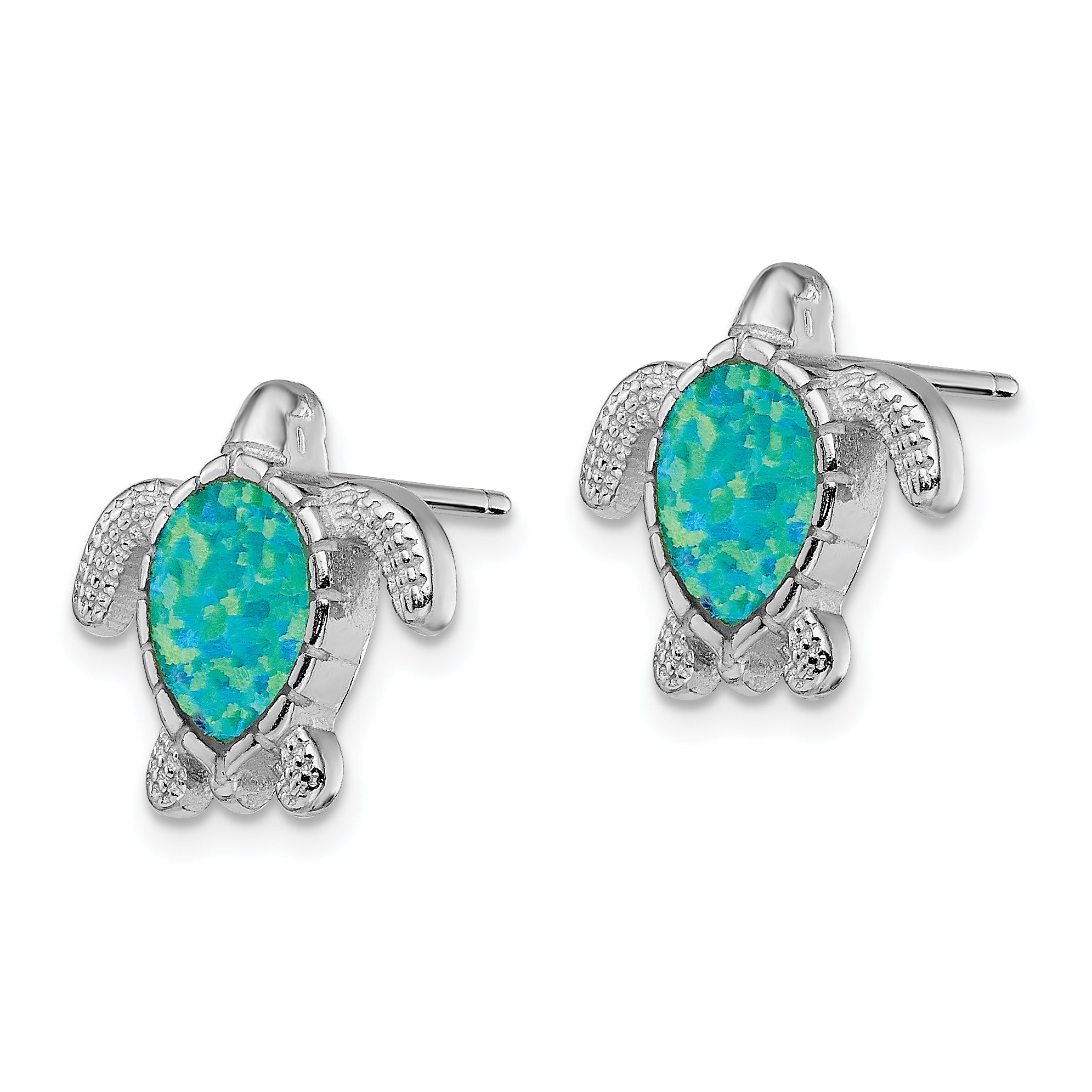 Sterling Silver Rhodium-plated Green Created Opal Turtle Post Earrings Secondary image