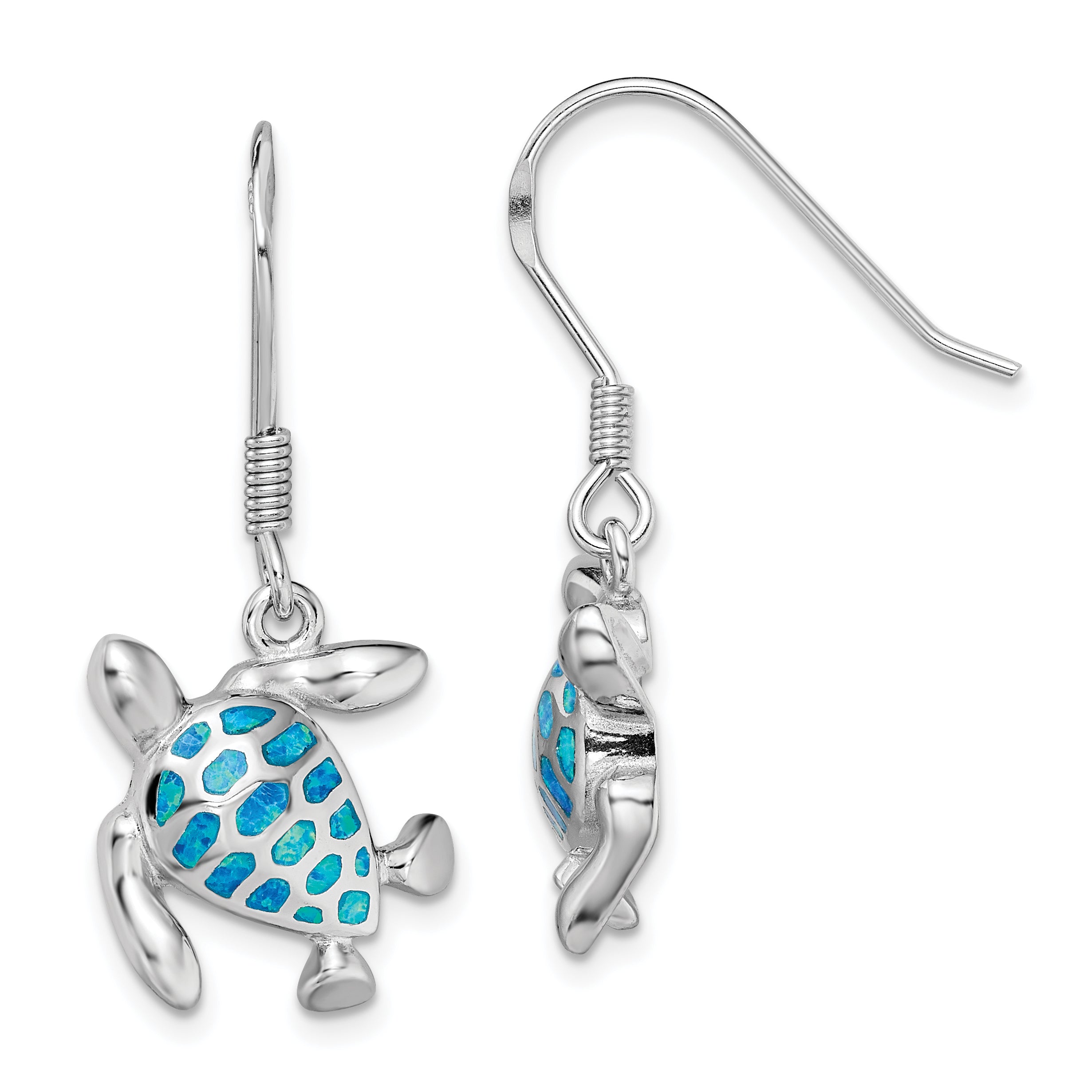 Sterling Silver Rhodium-plated Blue Created Opal Turtle Earrings Main image