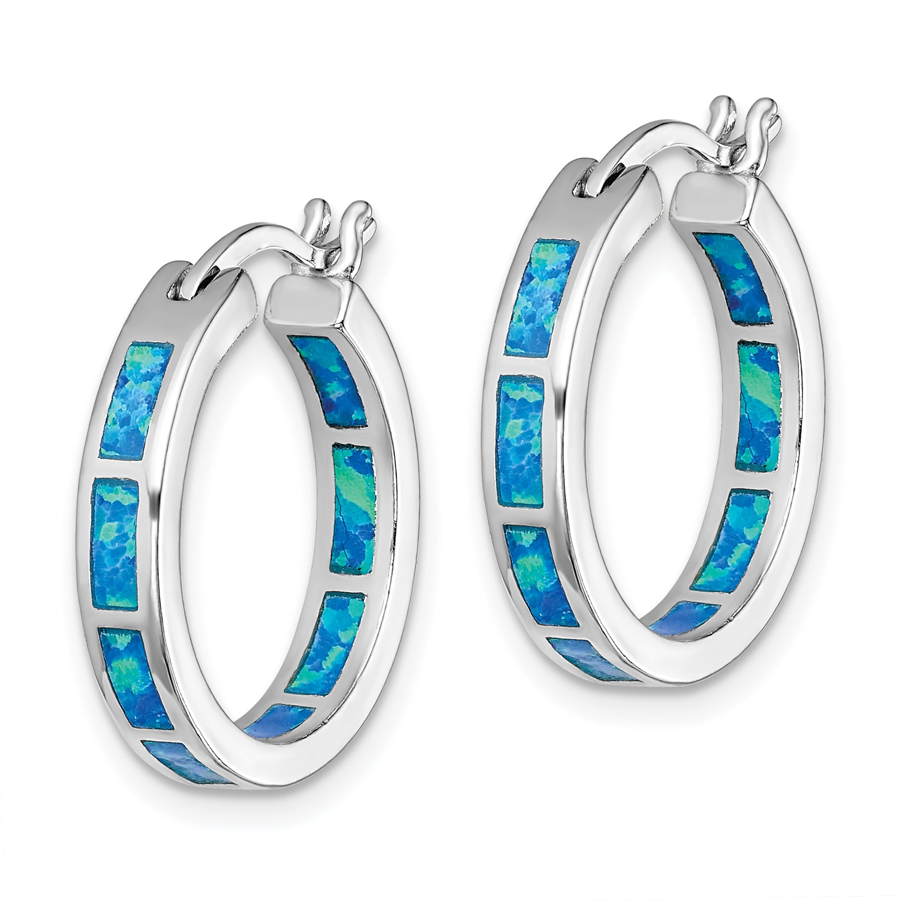 Sterling Silver Rhodium-plated Blue Cr. Opal In/Out Round Hoop Earrings Secondary image