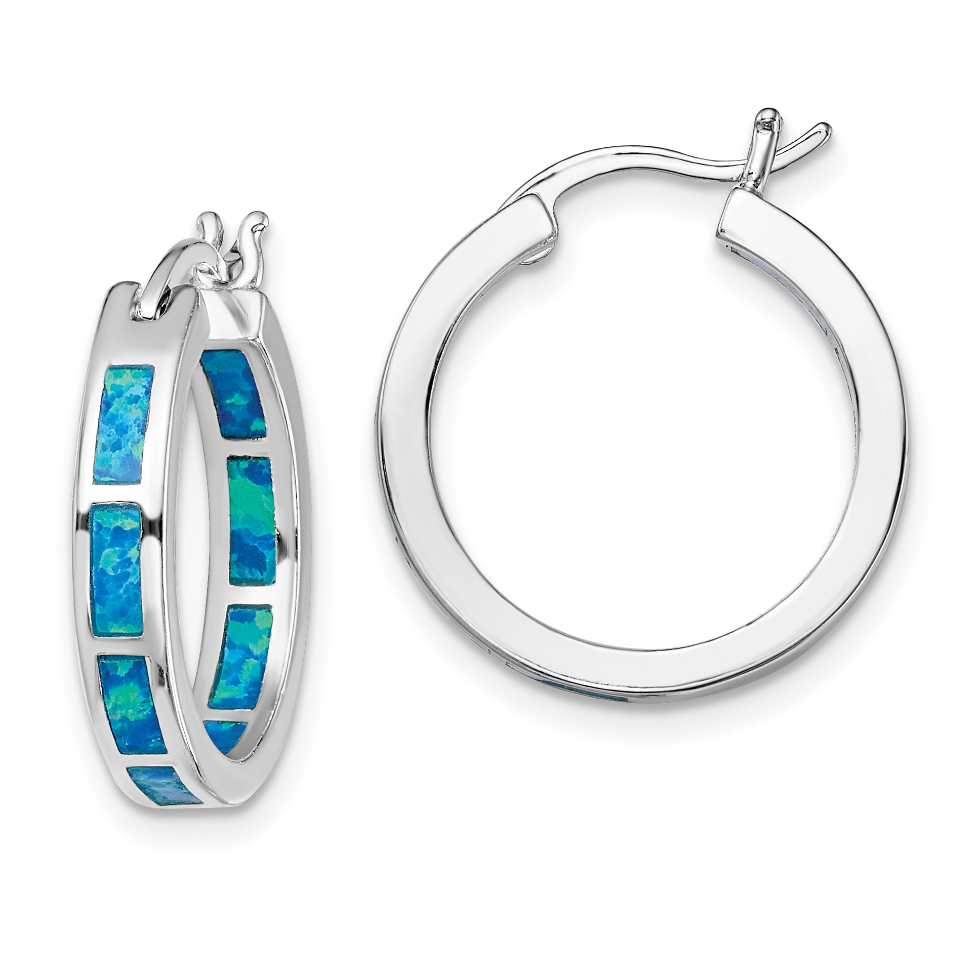 Sterling Silver Rhodium-plated Blue Cr. Opal In/Out Round Hoop Earrings Main image