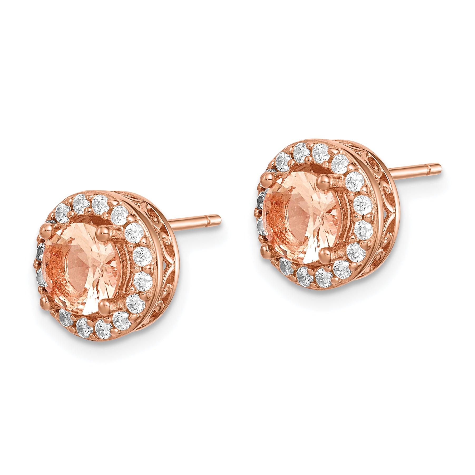 Sterling Silver Rose-tone Round Peach CZ Halo Post Earrings Secondary image