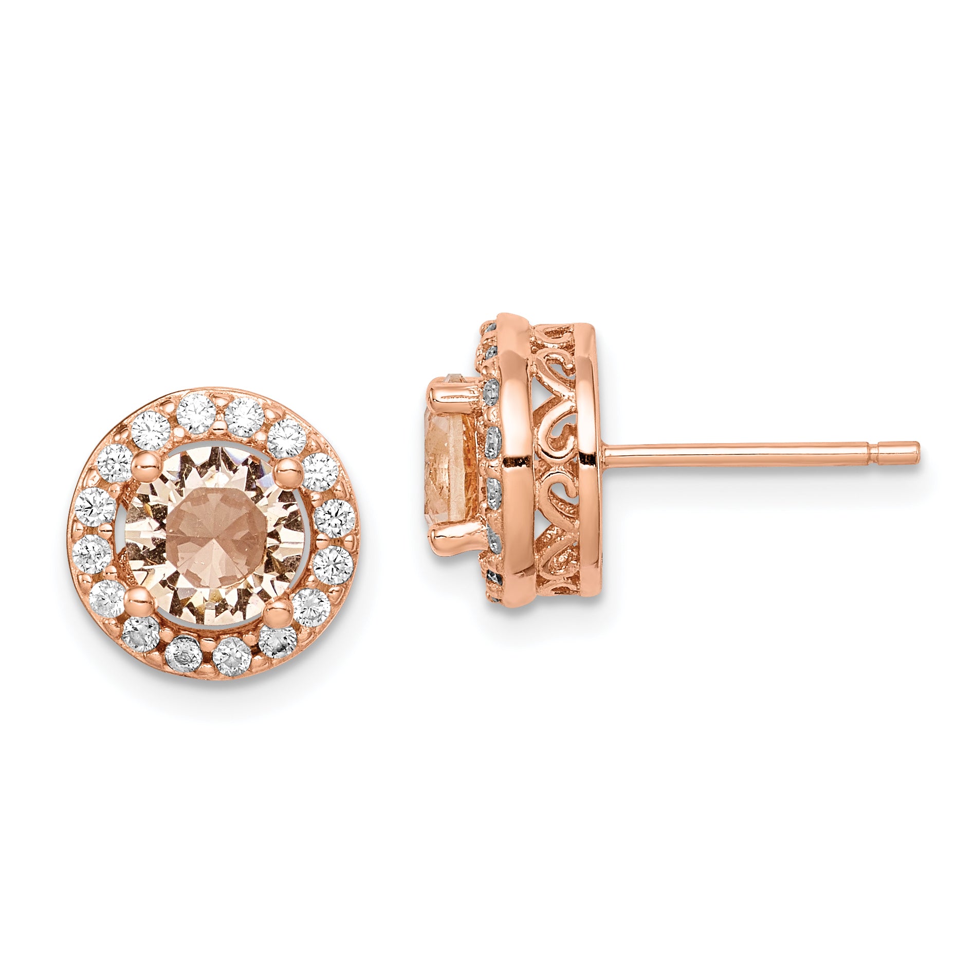 Sterling Silver Rose-tone Round Peach CZ Halo Post Earrings Main image