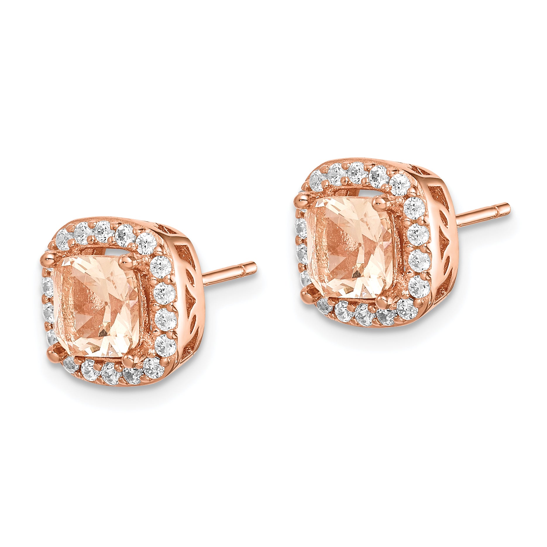 Sterling Silver Rose-tone Square Peach CZ Halo Post Earrings Secondary image