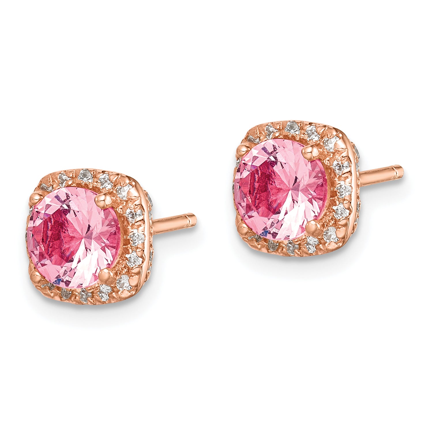 Sterling Silver Rose-tone Square Pink Crystal Center and CZ Post Earrings Secondary image