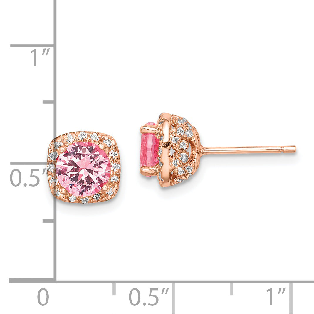 Sterling Silver Rose-tone Square Pink Crystal Center and CZ Post Earrings