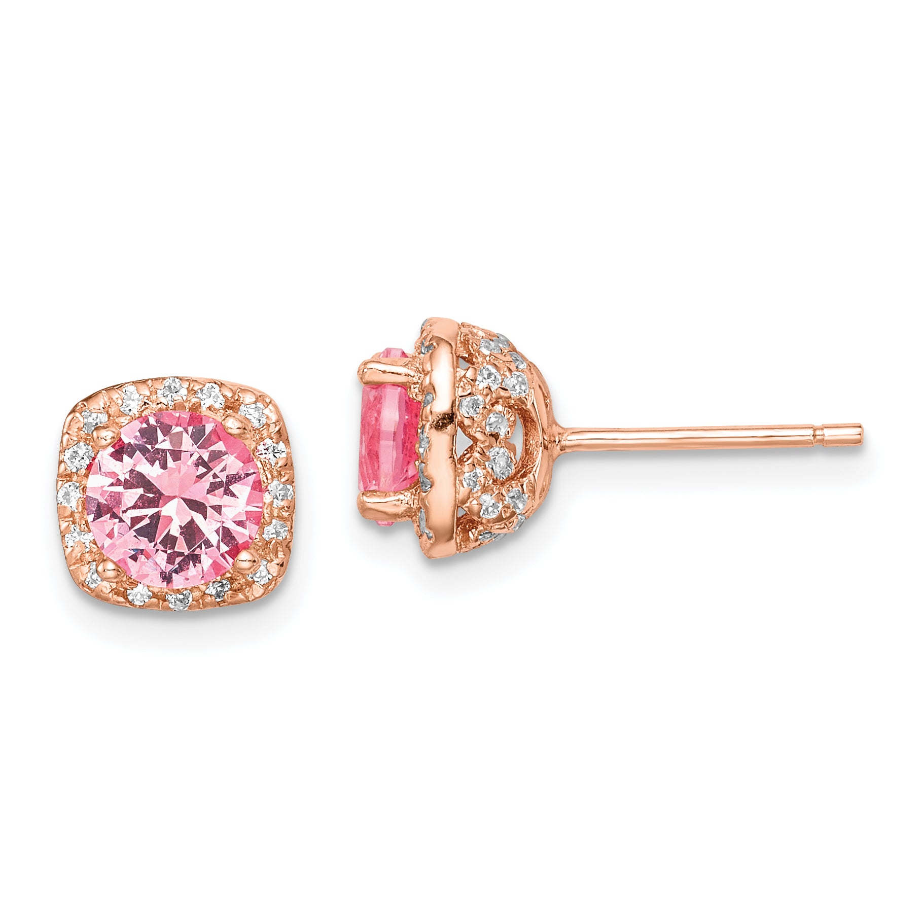 Sterling Silver Rose-tone Square Pink Crystal Center and CZ Post Earrings Main image