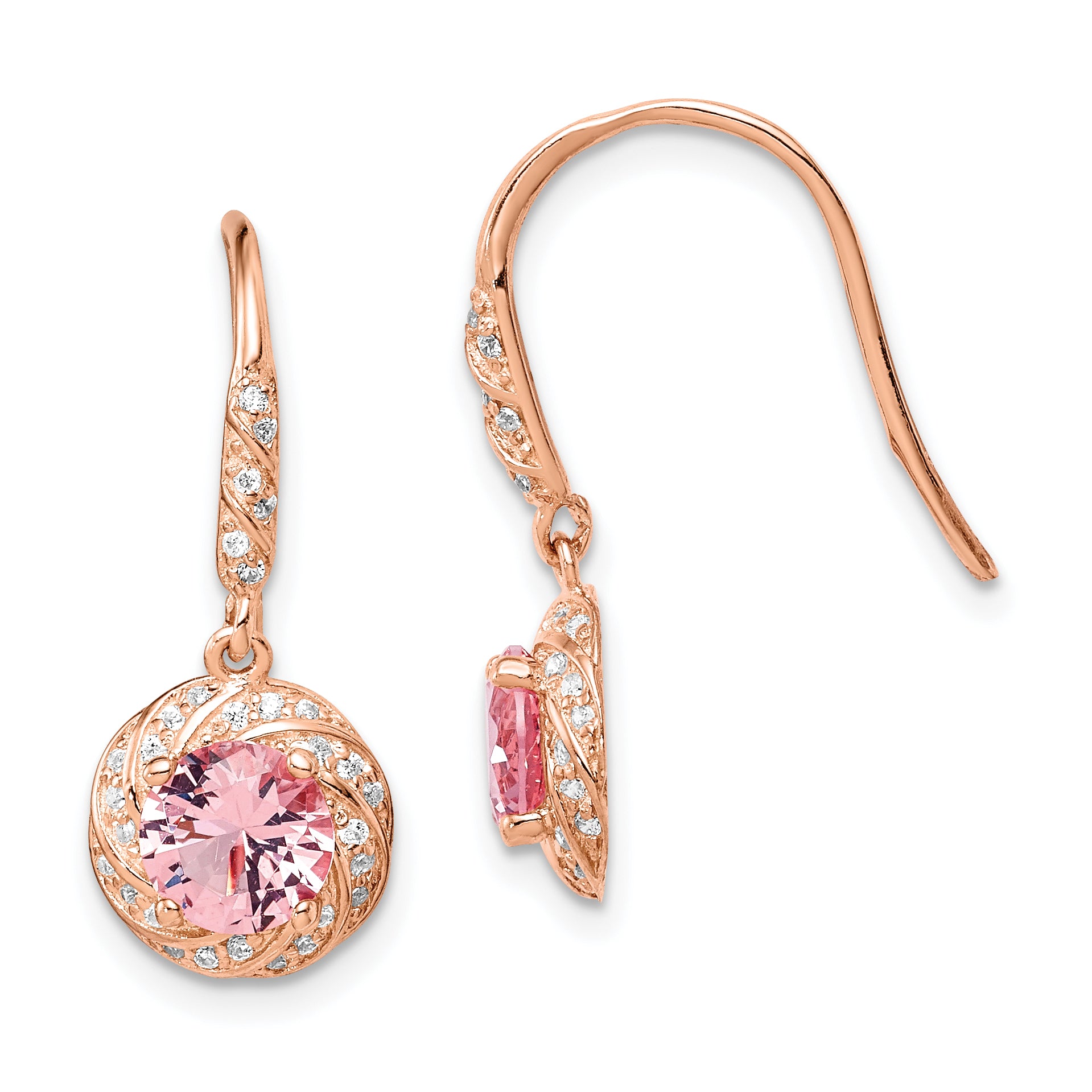 Sterling Silver Rose-tone Pink Crystal and CZ Dangle Earrings