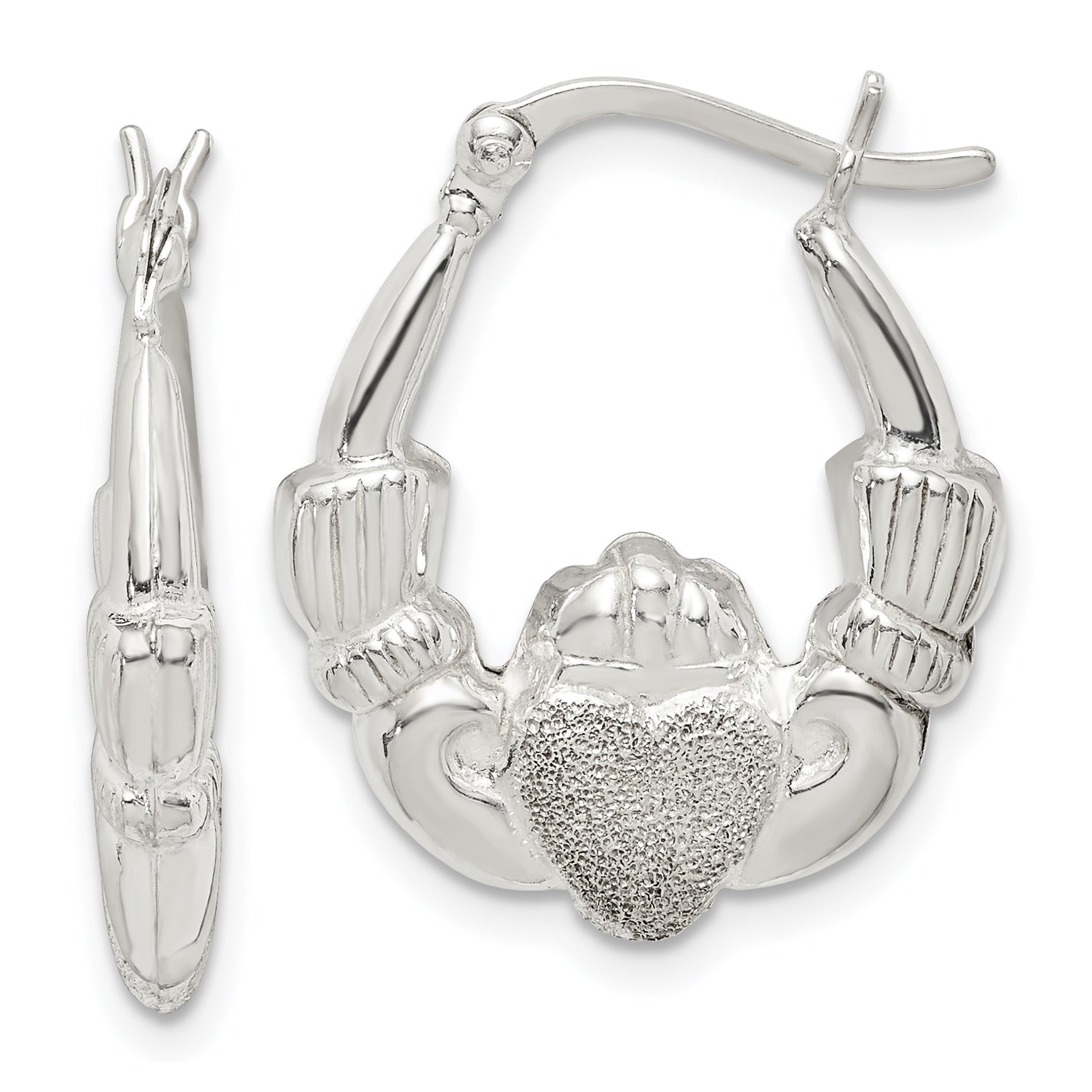 Sterling Silver Polished & Laser Cut Claddagh Hoop Earrings Main image