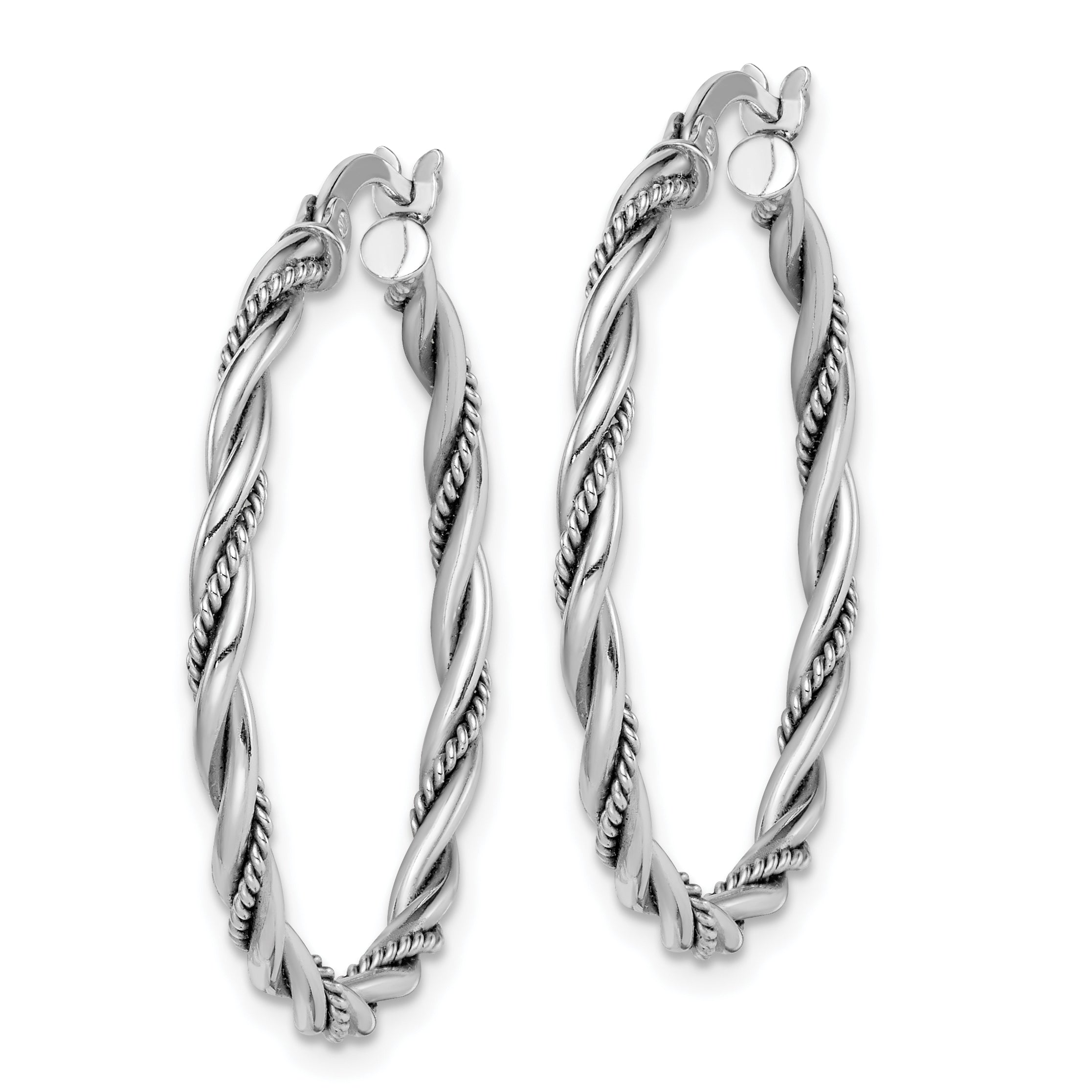 Sterling Silver Rhodium-plated Antiqued 2x30mm Twisted Hoop Earrings Secondary image