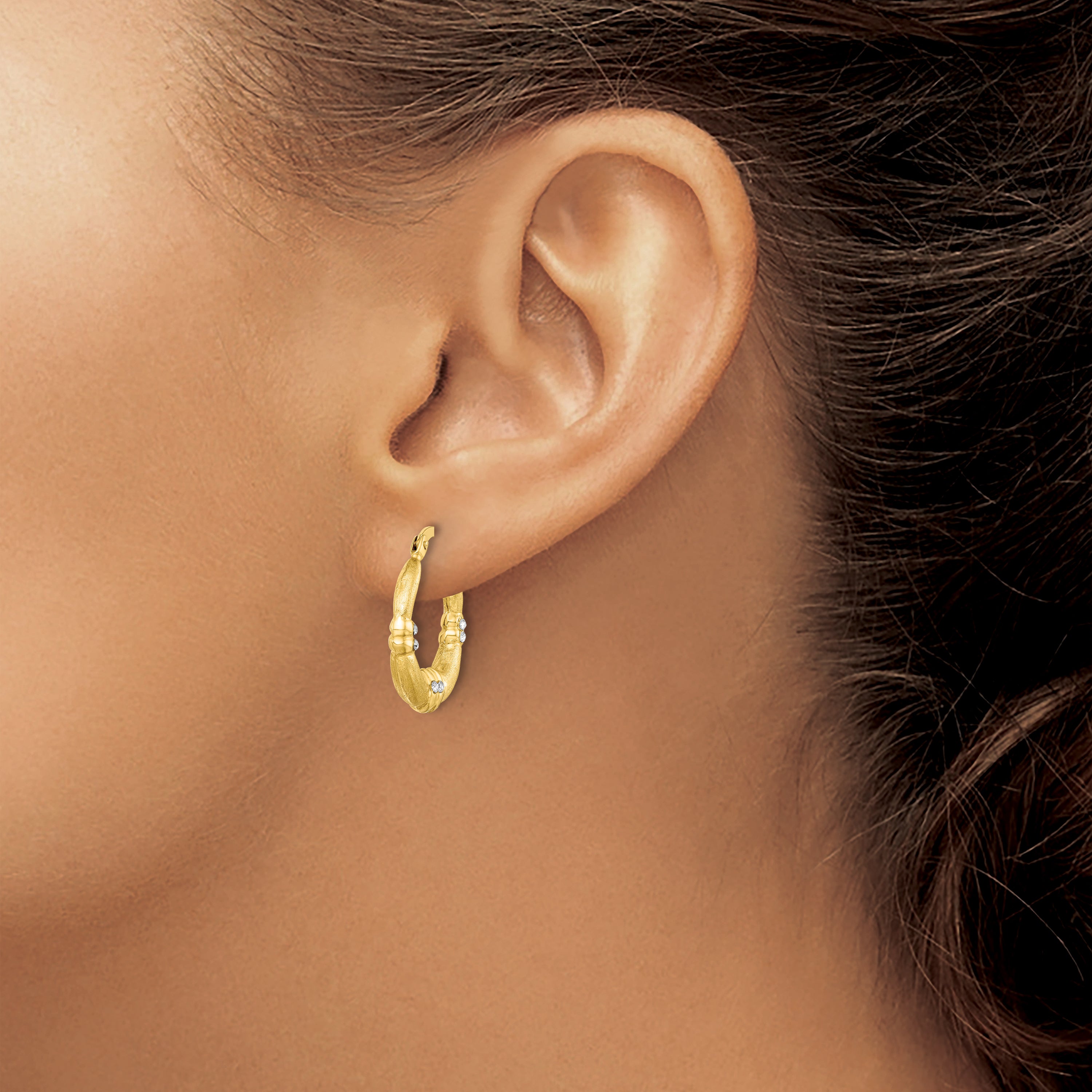 Sterling Silver Gold Tone and CZ Textured Hoop Earrings