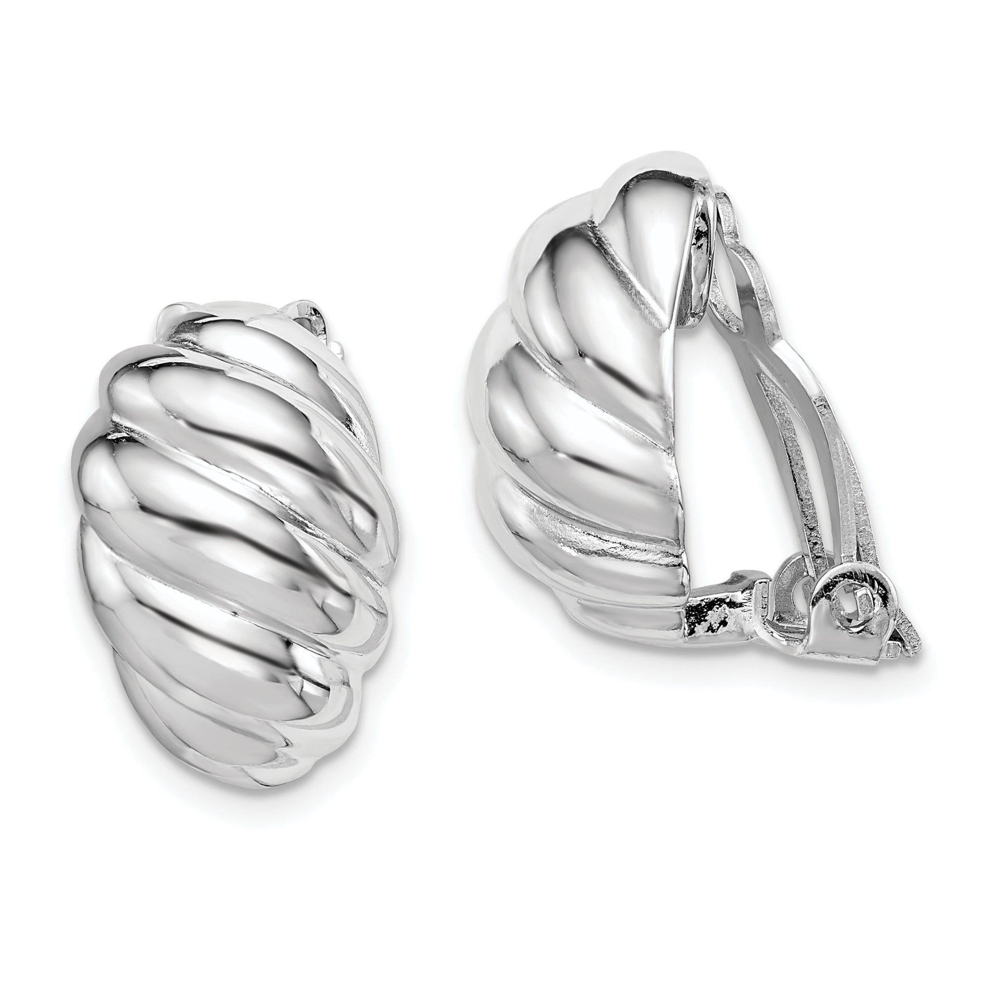 Sterling Silver RH-plated Polished Non-Pierced Scalloped Oval Earrings