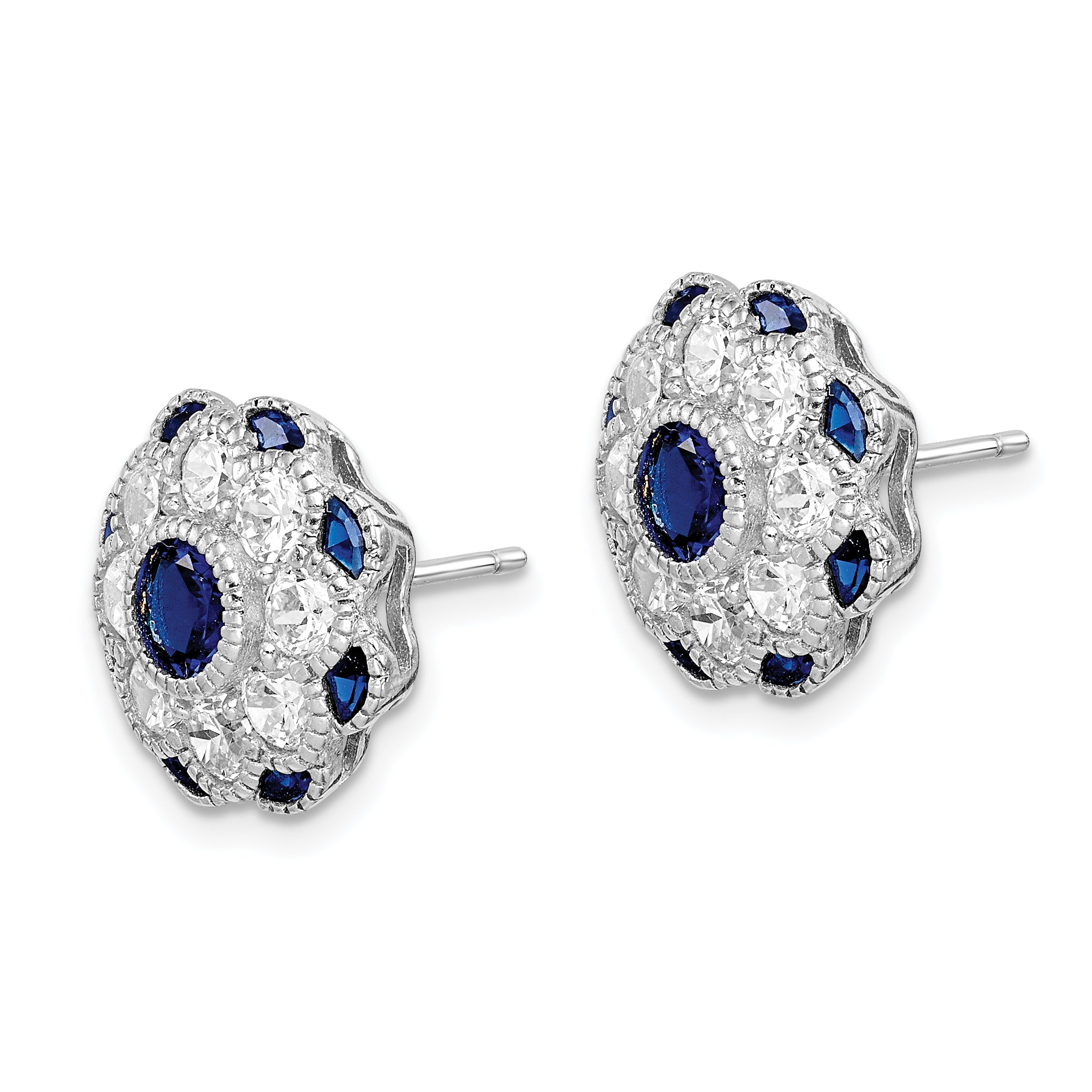 Sterling Silver RH Plated CZ and Synthetic Blue Spinel Flower Post Earrings Secondary image