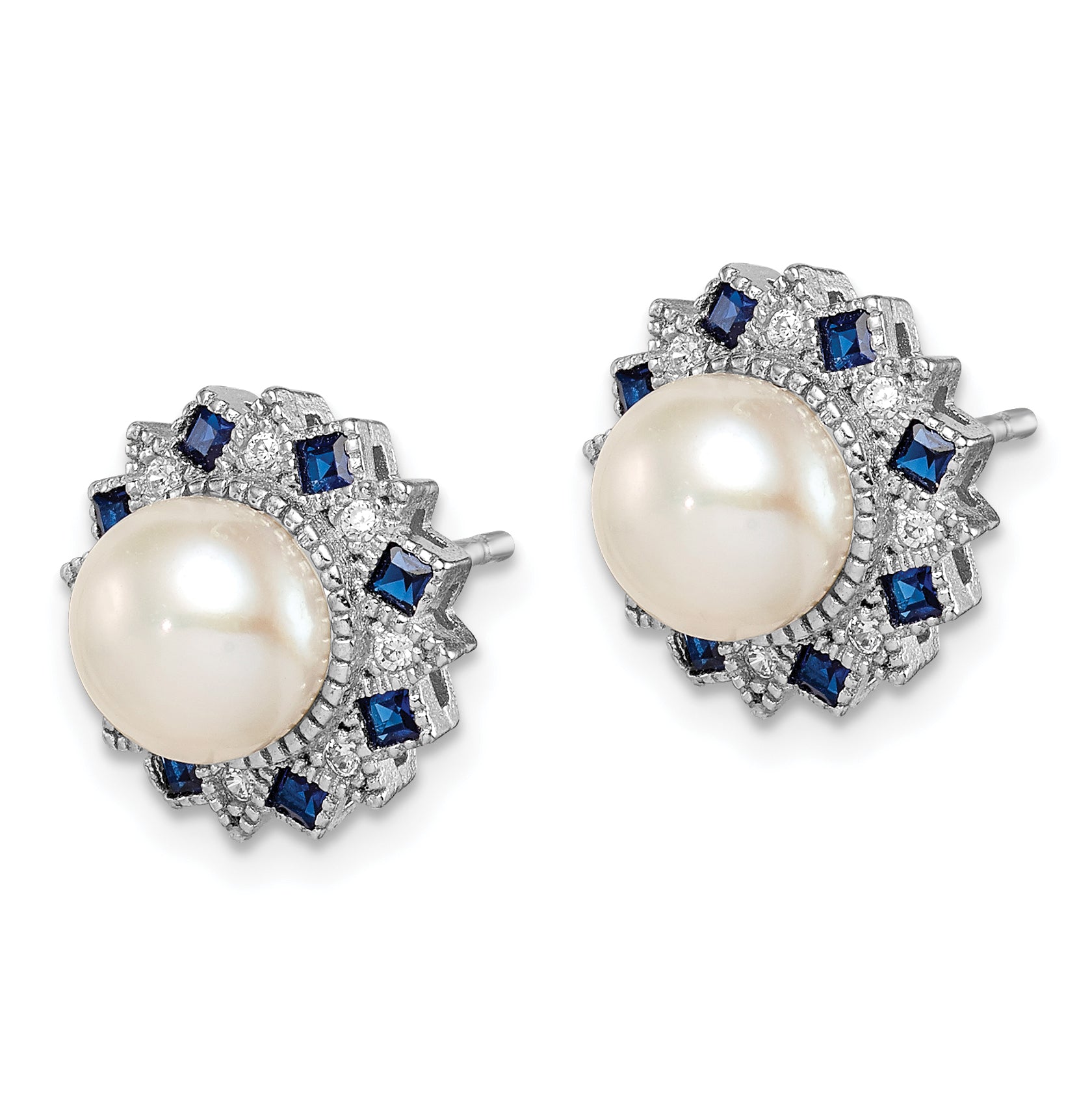 Sterling Silver RH-plated FWC Pearl/Syn. Blue Spinel/CZ Earrings Secondary image