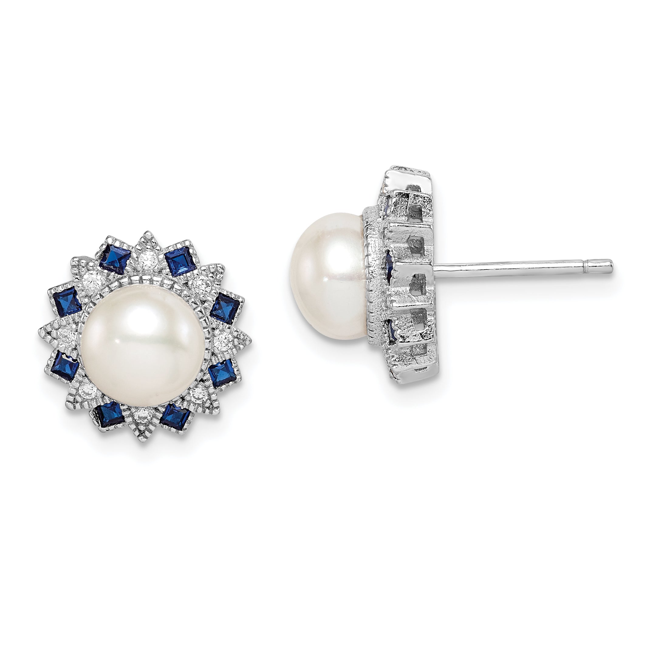 Sterling Silver RH-plated FWC Pearl/Syn. Blue Spinel/CZ Earrings Main image