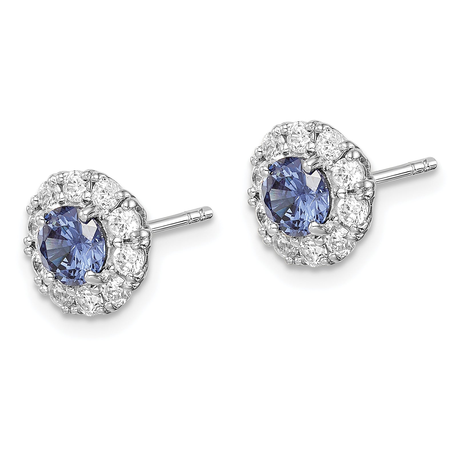 Sterling Silver Rhodium-plated Blue and White CZ Halo Post Earrings Secondary image