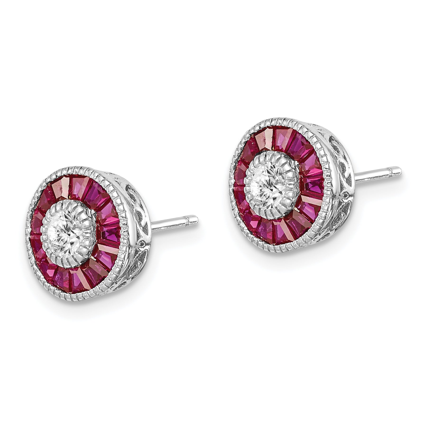 Sterling Silver Rhodium-plated CZ /Created Ruby Halo Post Earrings Secondary image