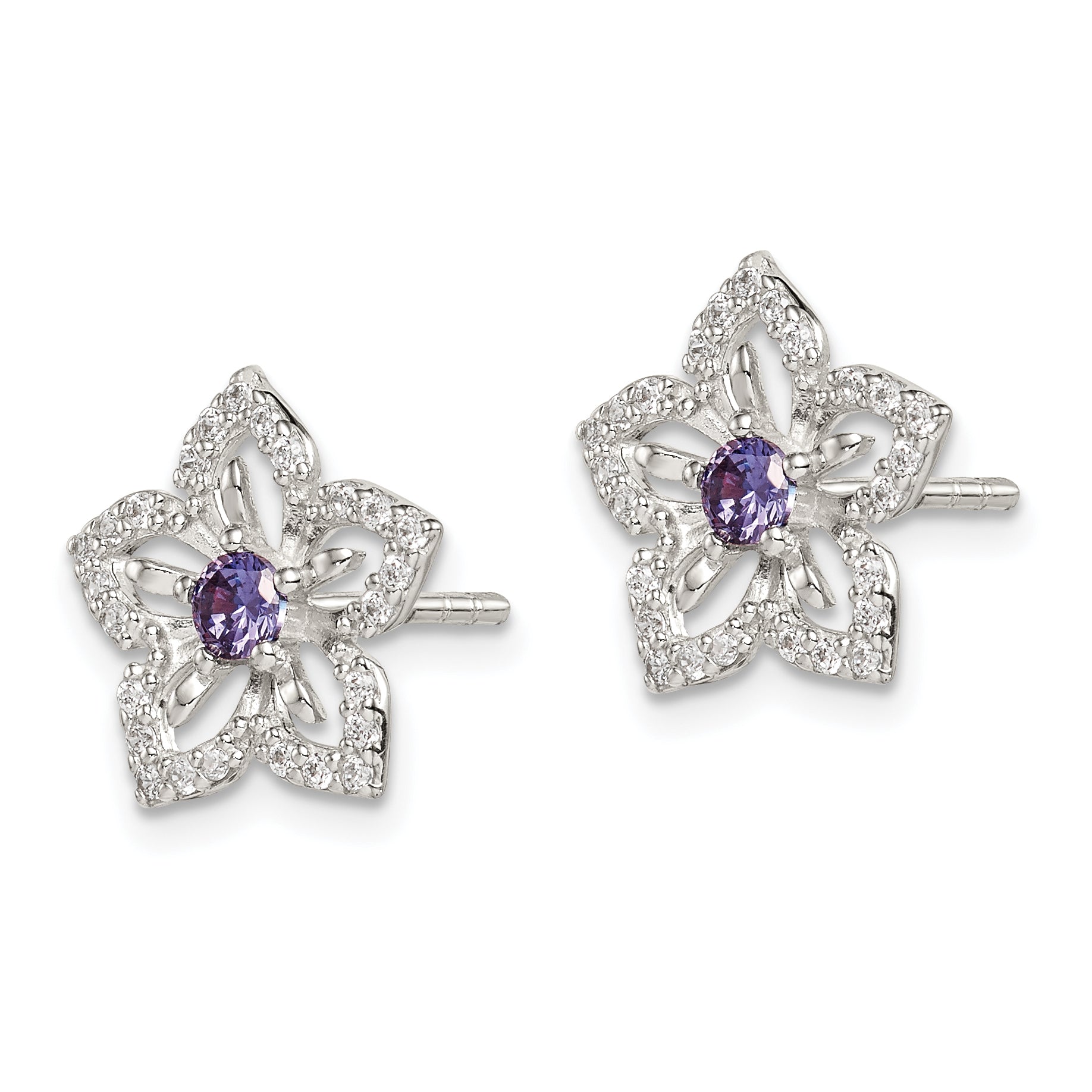 Sterling Silver Purple and Clear CZ Flower Post Earrings Secondary image