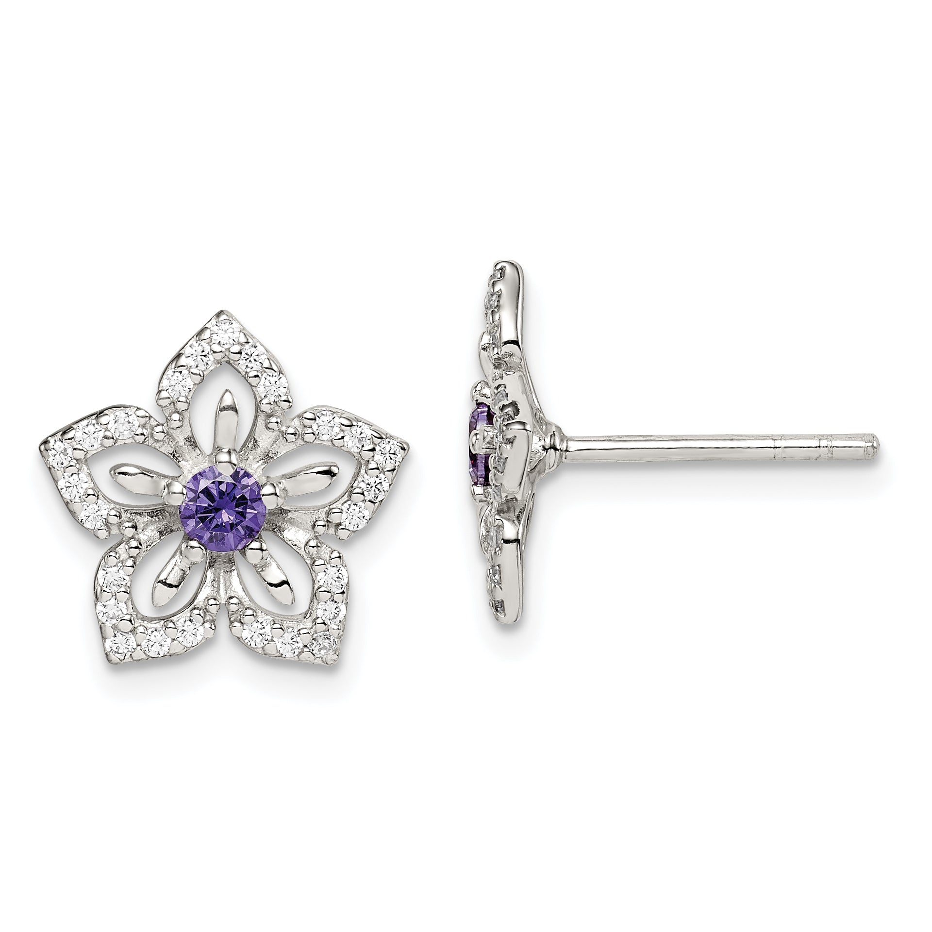 Sterling Silver Purple and Clear CZ Flower Post Earrings Main image