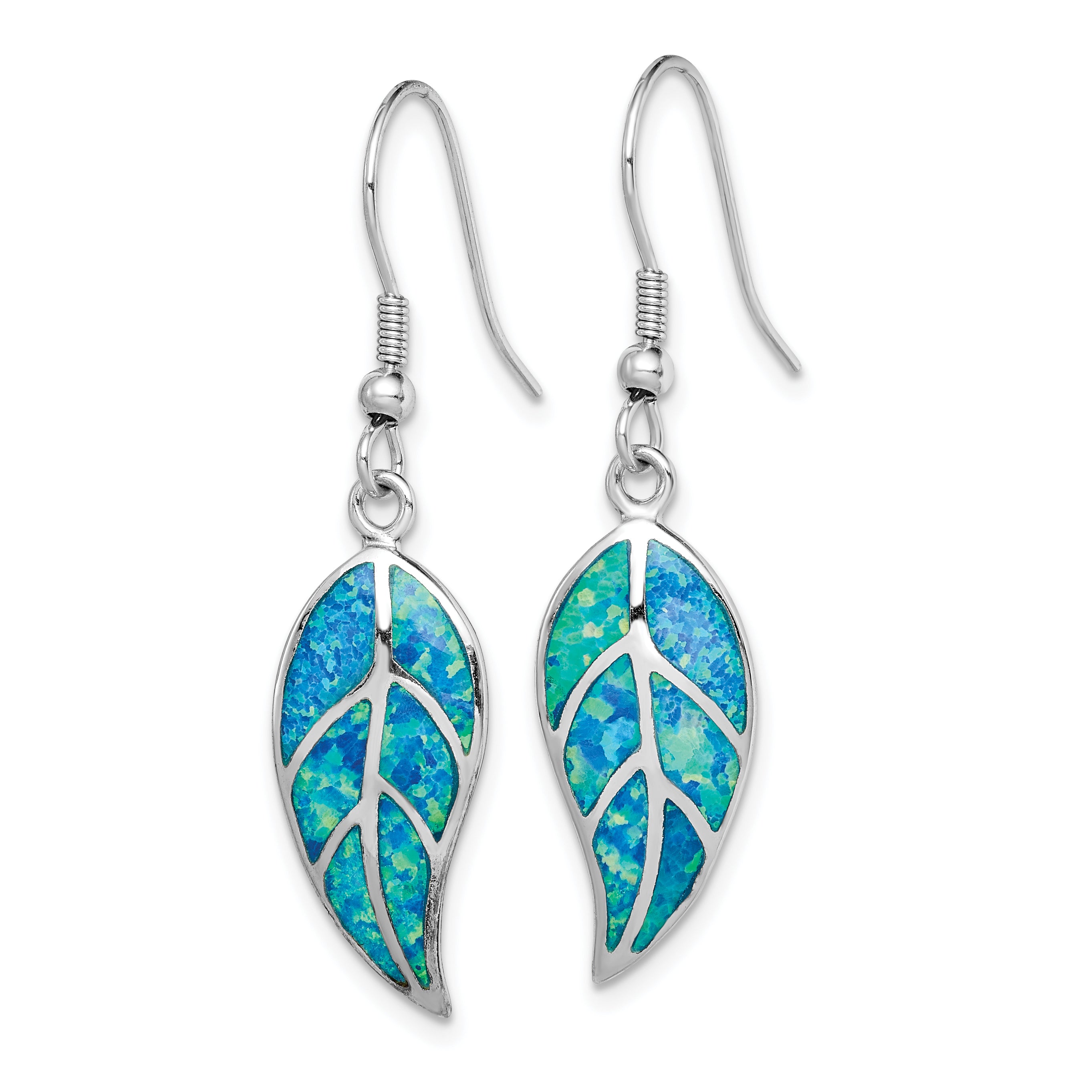 Sterling Silver Rhodium-plated Created Blue Opal Leaf Dangle Earrings Secondary image
