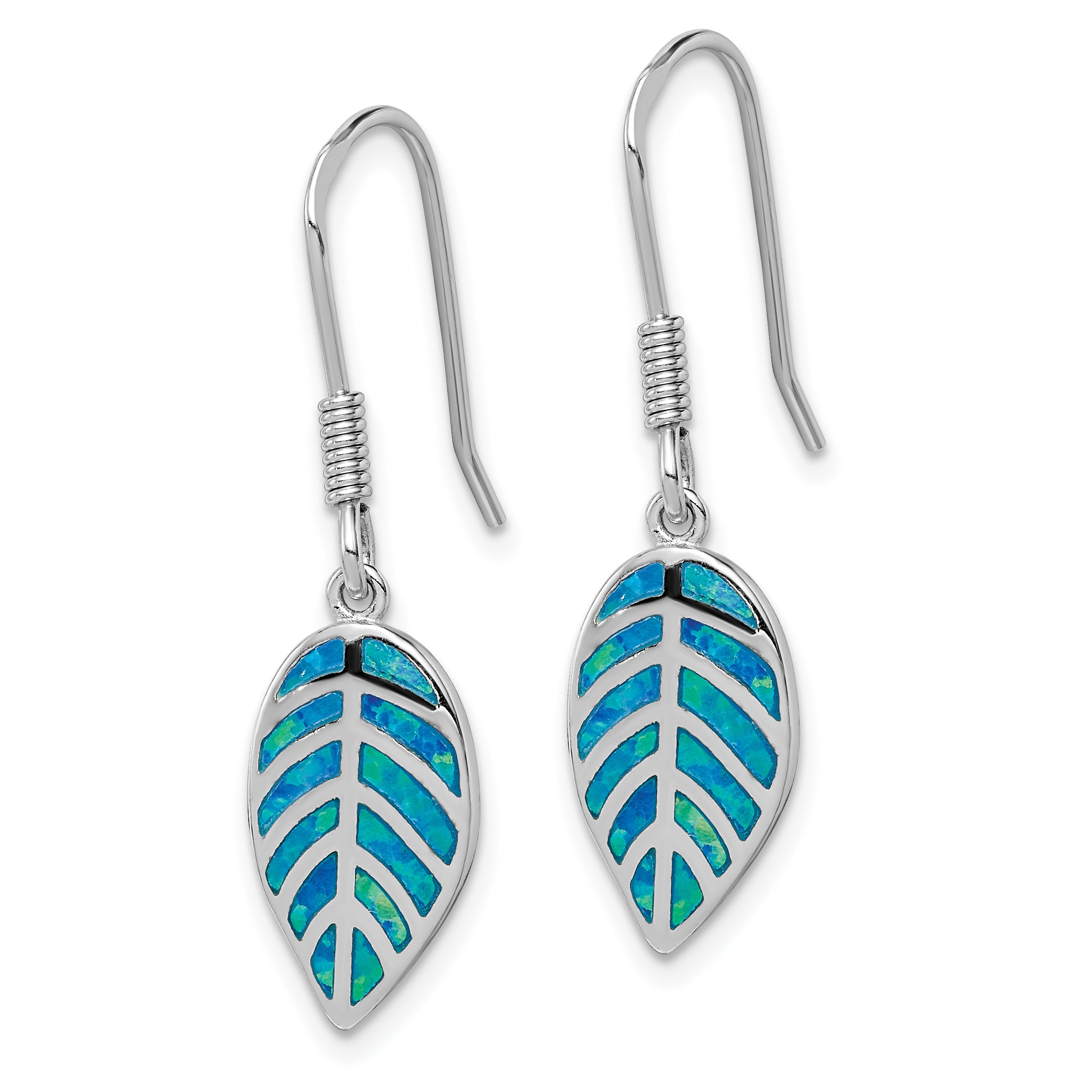 Sterling Silver Rhod-plated Creat Blue Opal Inlay Leaf Dangle Earrings Secondary image