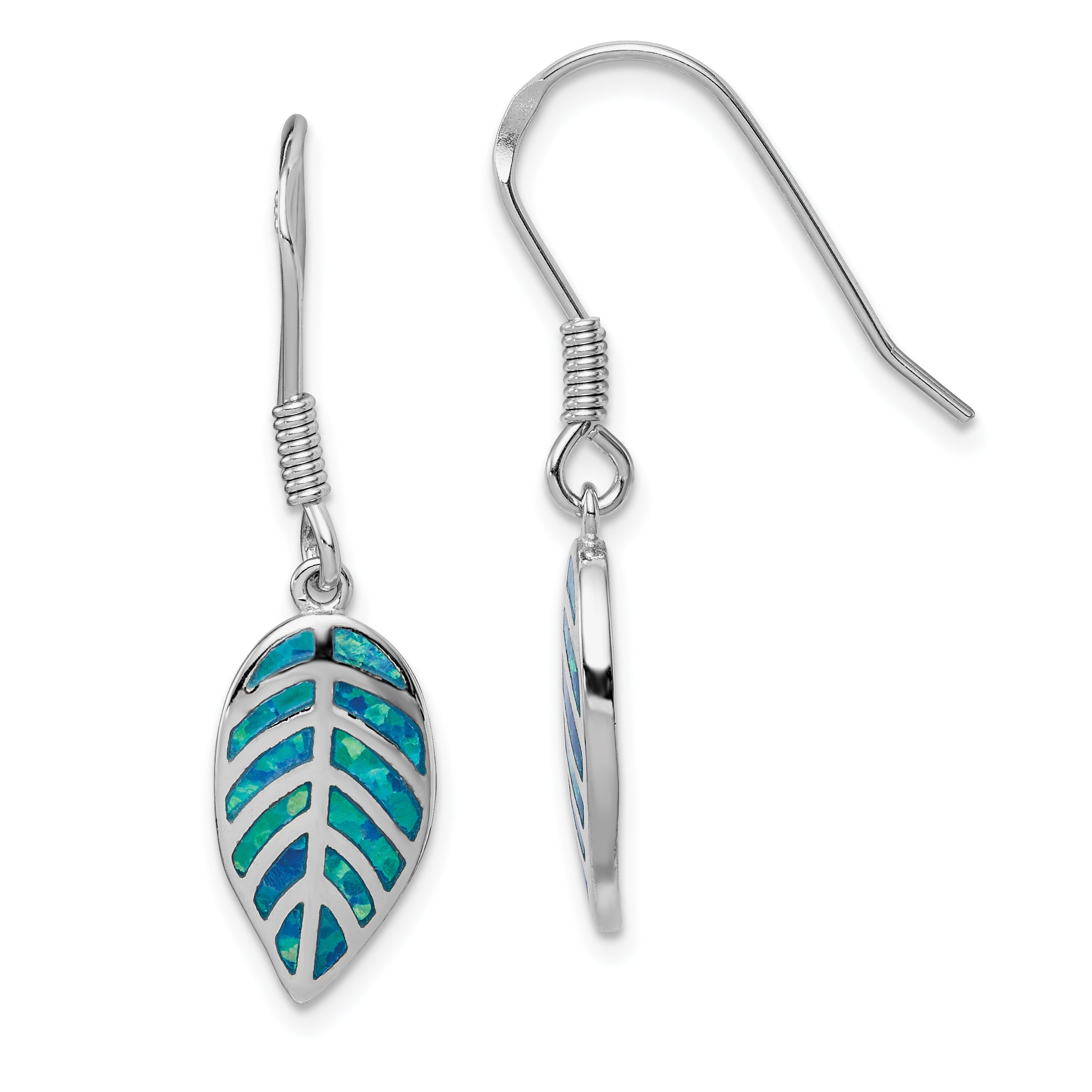 Sterling Silver Rhod-plated Creat Blue Opal Inlay Leaf Dangle Earrings Main image