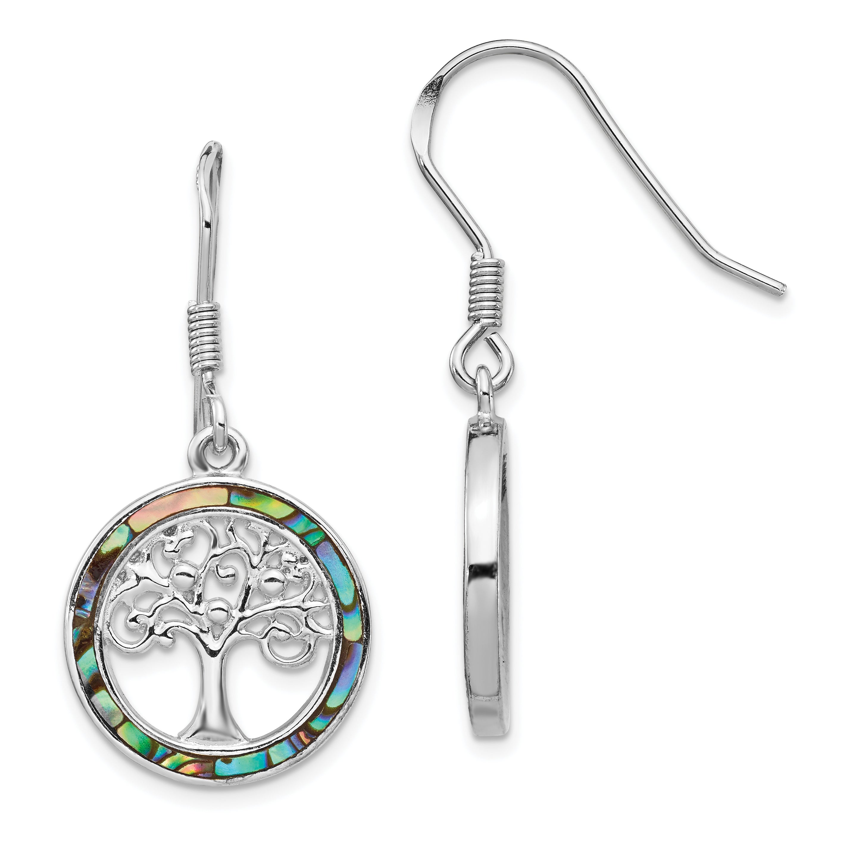 Sterling Silver Rhodium-plated Abalone Circle w/ Tree Dangle Earrings Main image