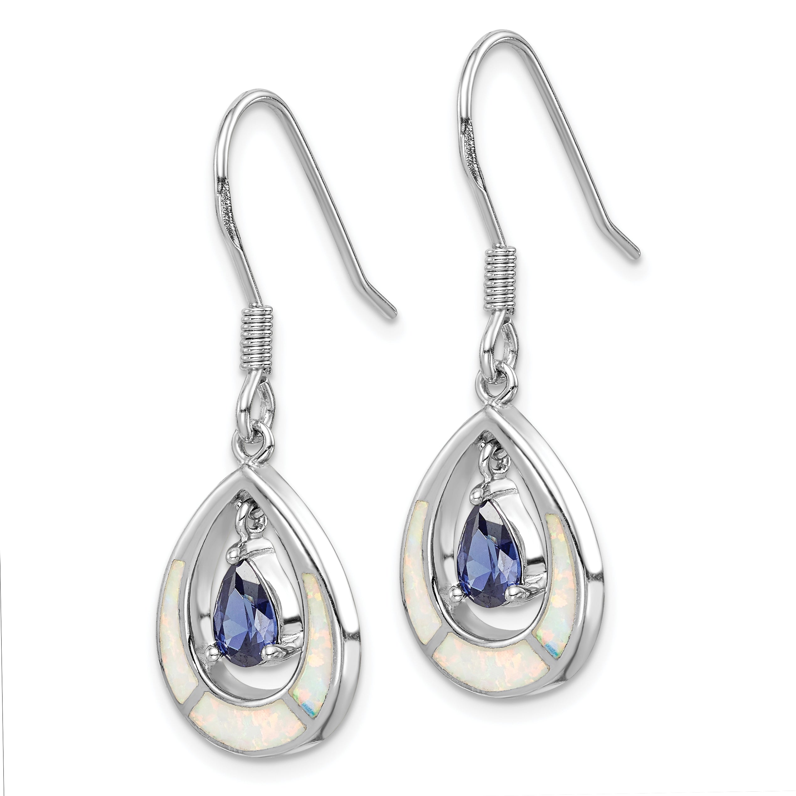 Sterling Silver Rhodium-plated Polished Created Opal & Blue CZ Teardrop Dangle Earrings