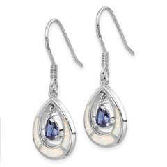 Sterling Silver Rhodium-plated Polished Created Opal & Blue CZ Teardrop Dangle Earrings