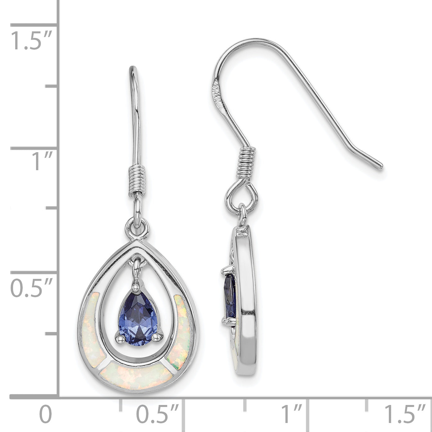 Sterling Silver Rhodium-plated Polished Created Opal & Blue CZ Teardrop Dangle Earrings