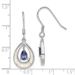 Sterling Silver Rhodium-plated Polished Created Opal & Blue CZ Teardrop Dangle Earrings