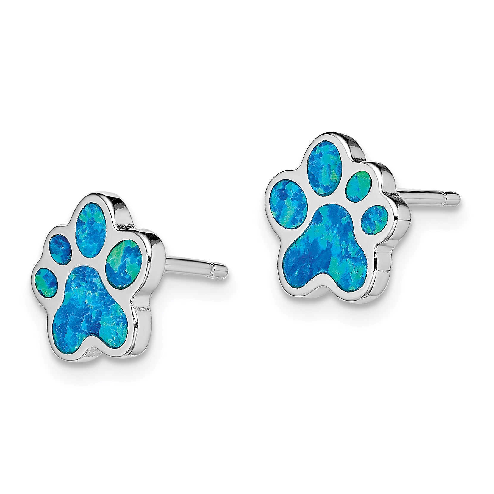 Sterling Silver Rhod-plated Creat Blue Opal Paw Print Post Earrings Secondary image
