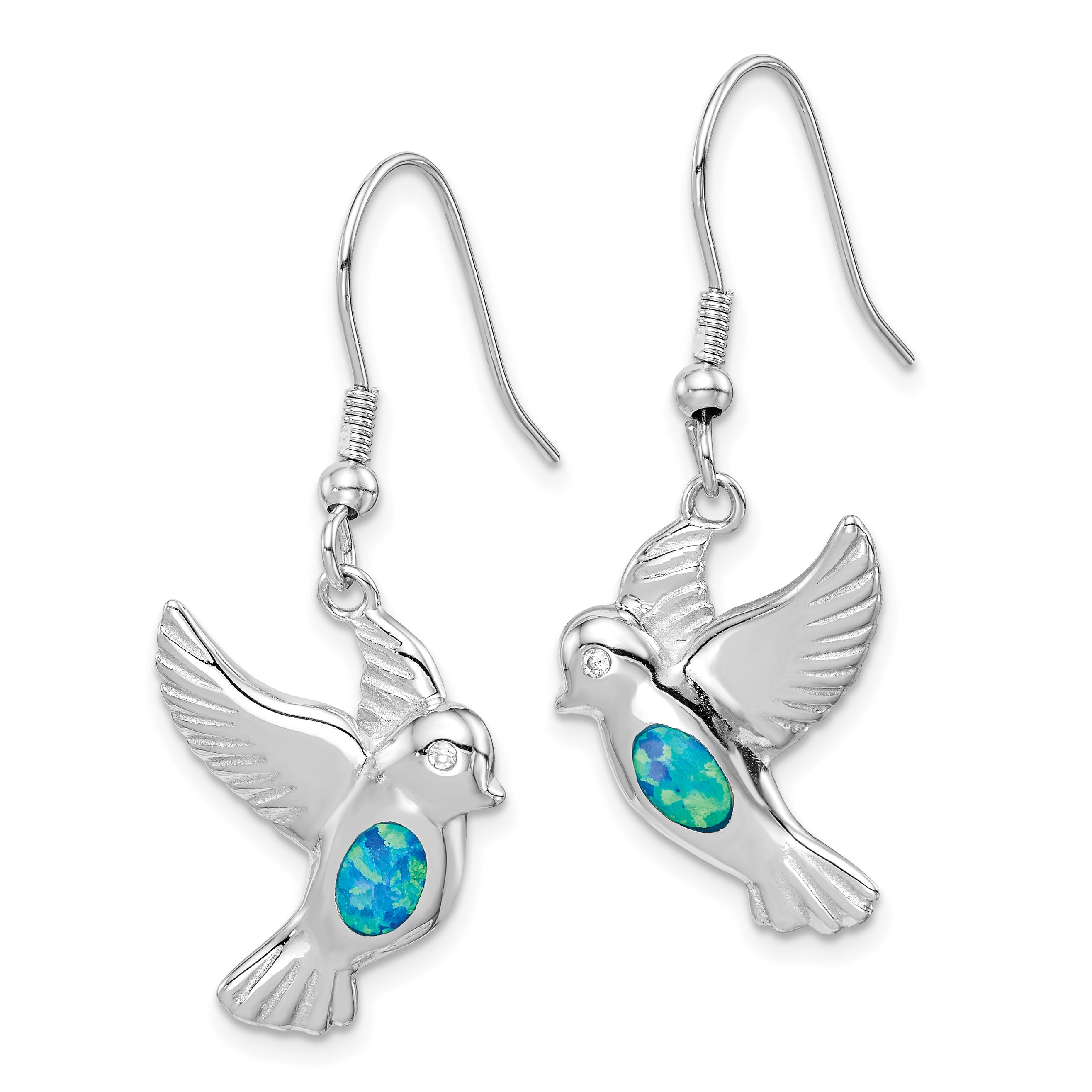 Sterling Silver Rhodium-plated Created Blue Opal Bird Dangle Earrings Secondary image
