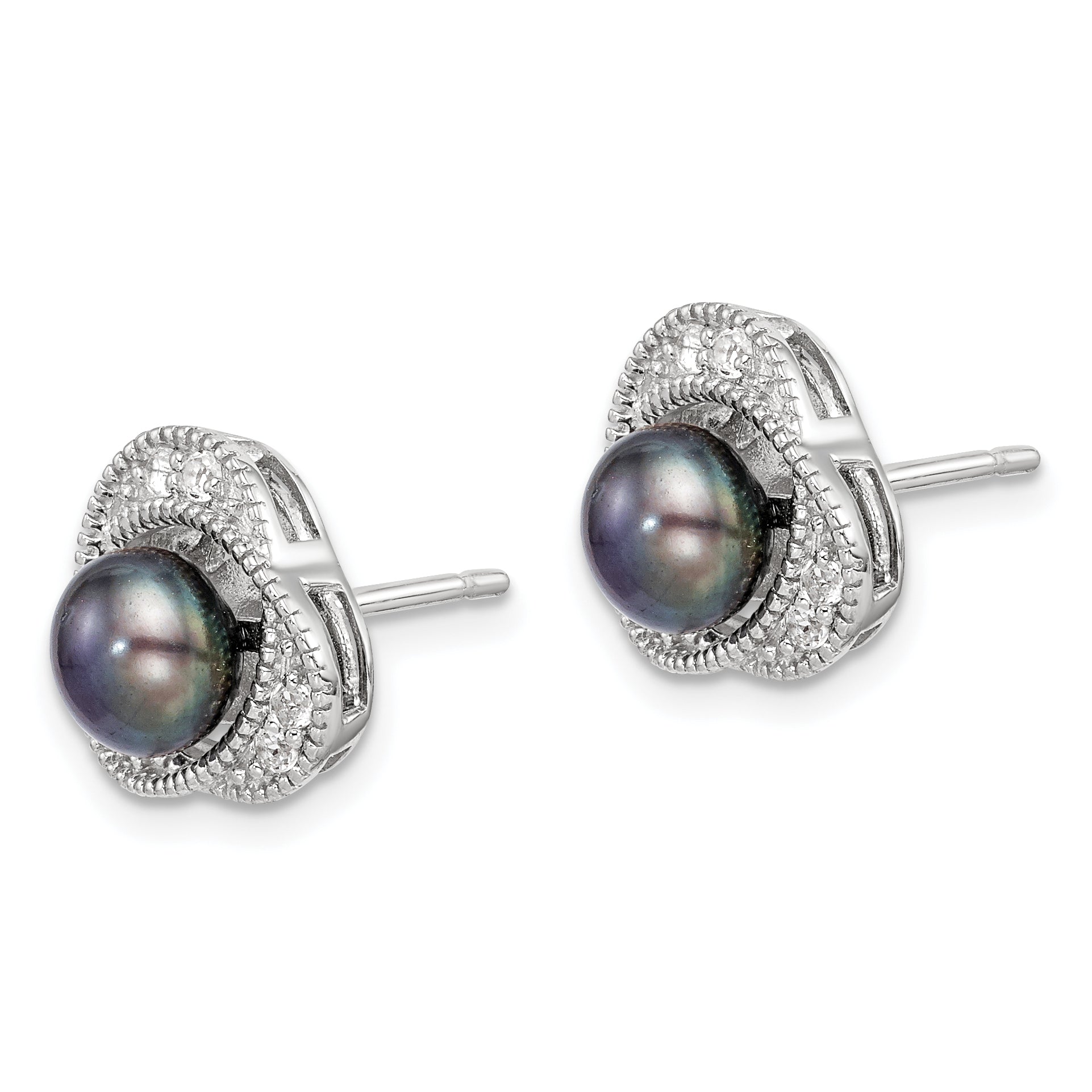 Sterling Silver Polished Black 6-7mm Freshwater Cultured Pearl and White Topaz Post Earrings Secondary image