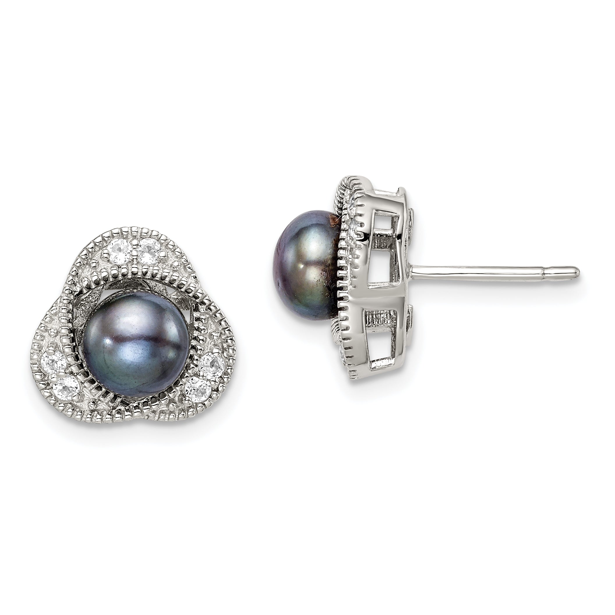 Sterling Silver Polished Black 6-7mm Freshwater Cultured Pearl and White Topaz Post Earrings Main image