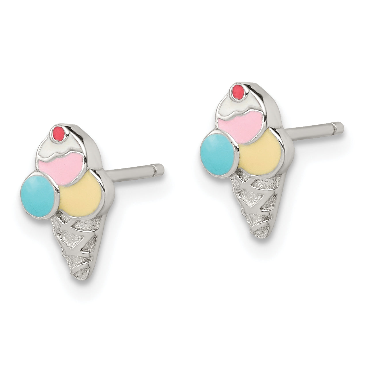 Sterling Silver Rhodium-plated Polished & Textured Multi-color Enameled Ice Cream Cone Children's Post Earrings Secondary image