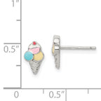 Sterling Silver Rhodium-plated Polished & Textured Multi-color Enameled Ice Cream Cone Children's Post Earrings