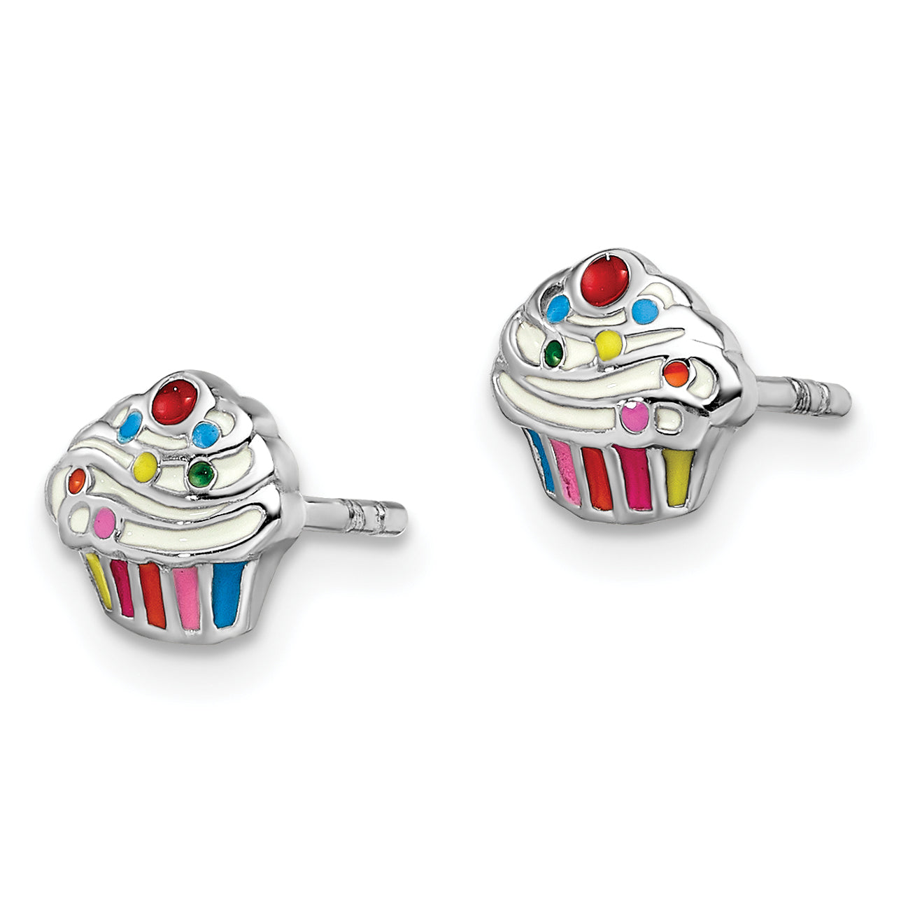 Sterling Silver Rhodium-plated Polished & Multi-color Enameled Cupcake Children's Post Earrings Secondary image