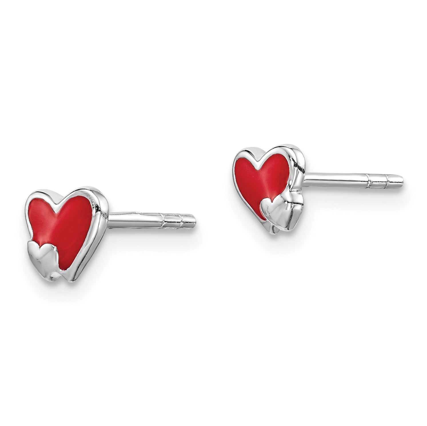 Sterling Silver Rhodium-plated Polished Red Enameled Double Heart Children's Post Earrings Secondary image