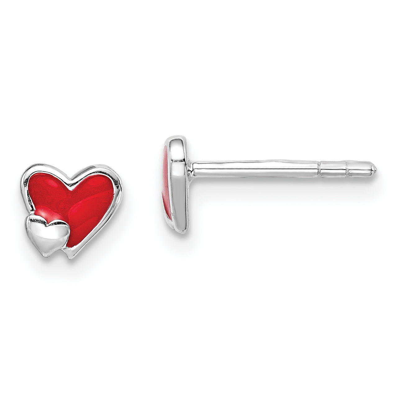 Sterling Silver Rhodium-plated Polished Red Enameled Double Heart Children's Post Earrings Main image
