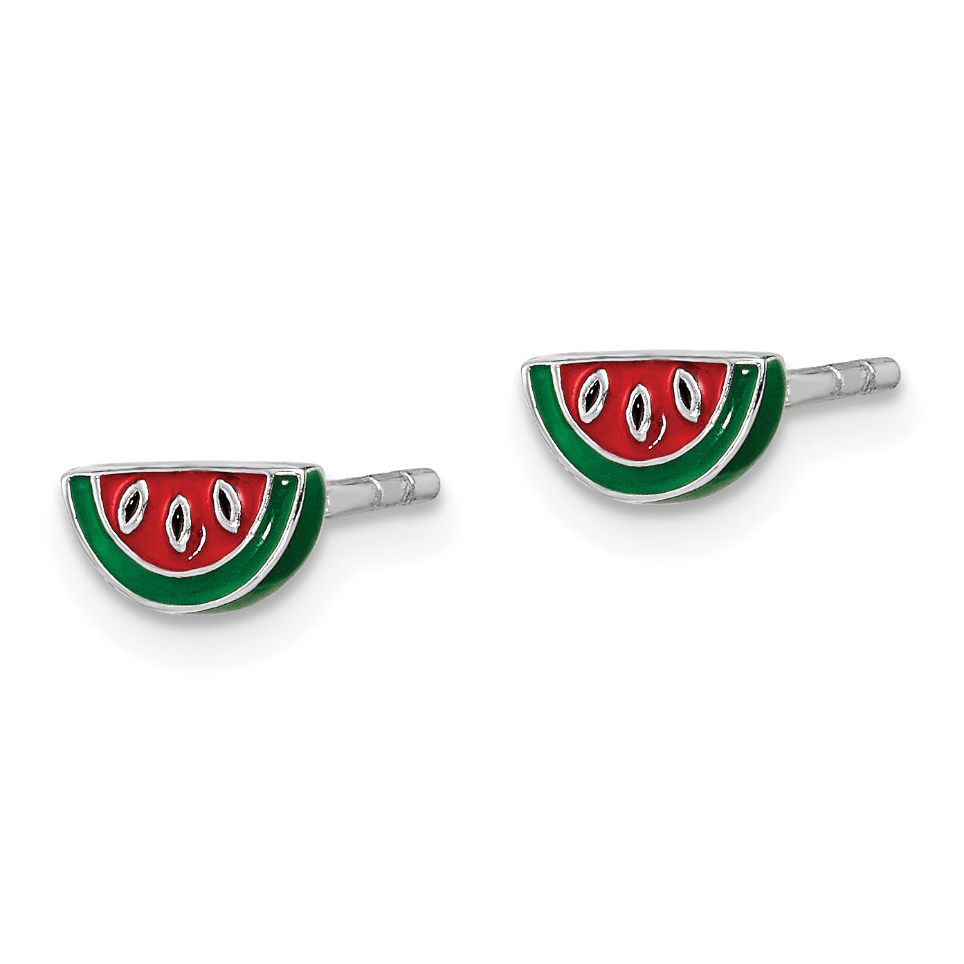Sterling Silver Rhodium-plated Polished & Multi-color Enameled Watermelon Children's Post Earrings Secondary image